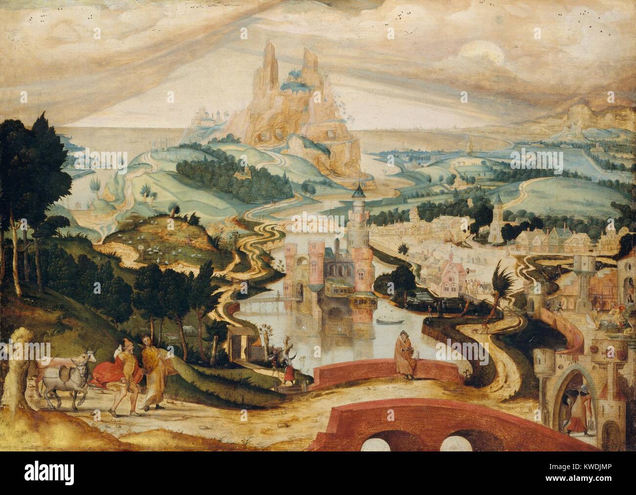 THE ARRIVAL IN BETHLEHEM, by Master LC, 1540, Netherlandish, Northern Renaissance oil painting. Three scenes within the painting narrate Mary and Joseph arrival (lower left), being turned away at an inn (right of the central castle), and in adoration of the Baby Jesus at far right. These actions takes place within a detail, complex, and unfinished landscape (BSLOC 2017 16 95) Stock Photo