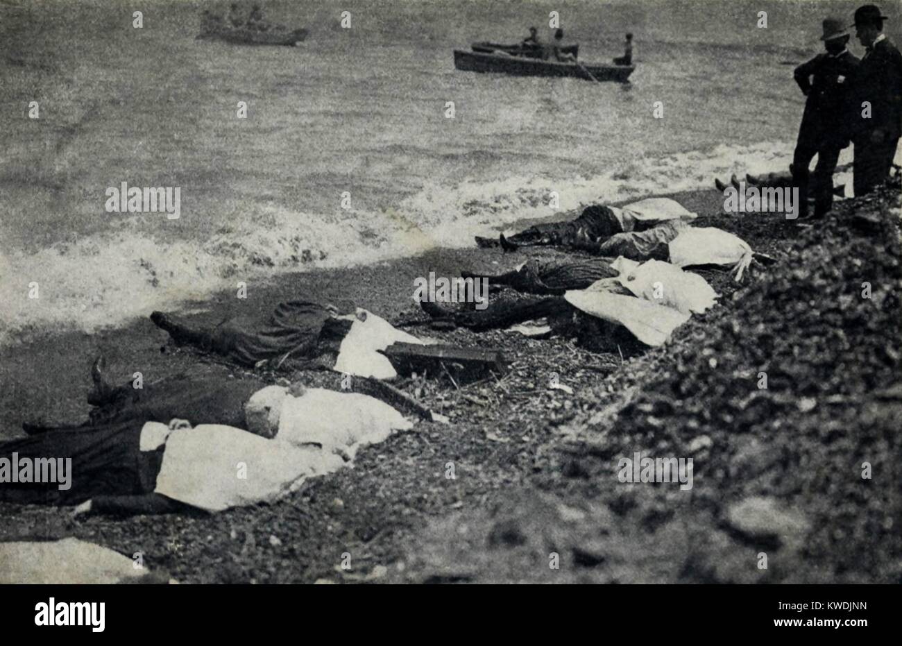 GENERAL SLOCUM excursion boat disaster in New York City, June 15, 1904. Dead bodies on the shore of North Brother Island in the East River. They were brought to the surface of the water by a cannonade of dynamite near where the excursion steamer was sunk (BSLOC 2017 17 112) Stock Photo