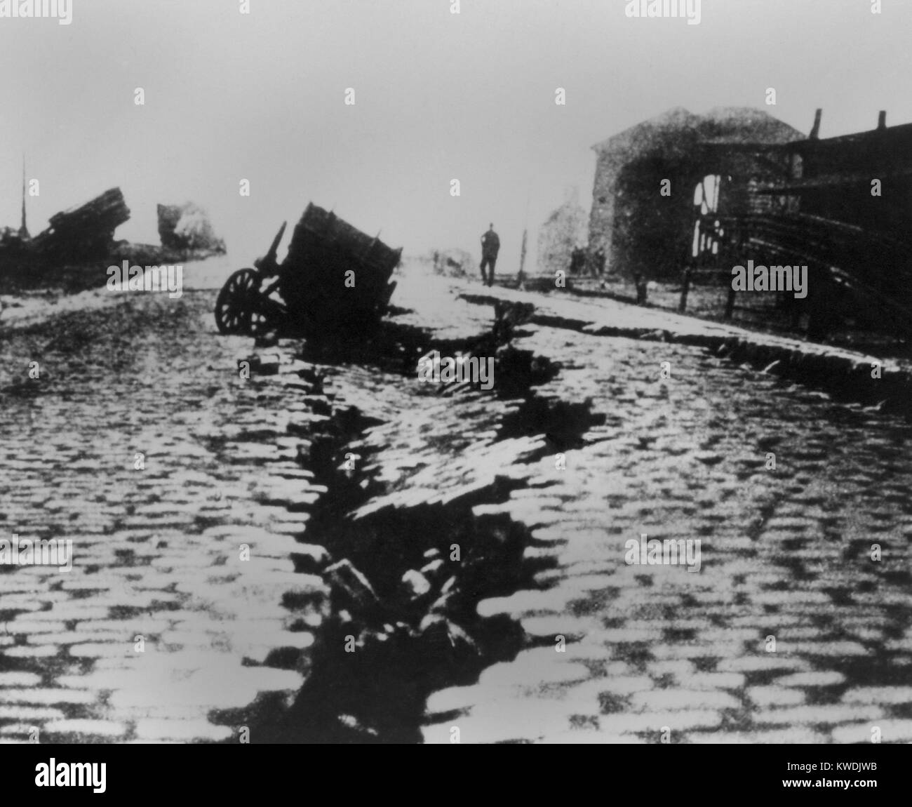 Fissure and sink in East Street near Ferry Building after the San Francisco Earthquake, 1906. A carriage fell into cracks in roadway near the waterfront caused by lateral spreading in the area (BSLOC 2017 17 8) Stock Photo
