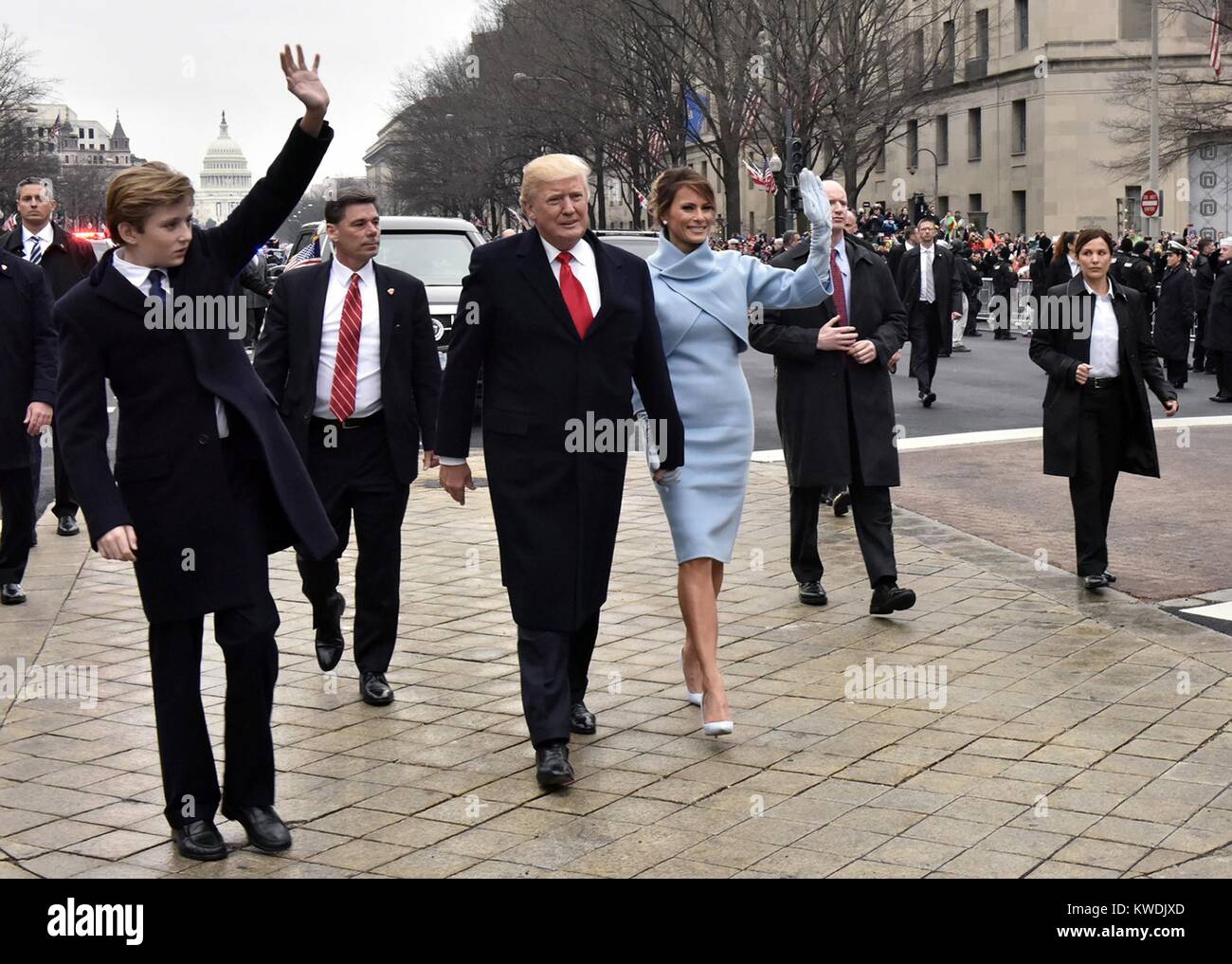 President Donald Trumps Inaugural Parade with the new First Lady, Melania Trump, and Barron Trump. Earlier he was sworn in as the 45th President of the United States, Jan. 20, 2017, in Washington, DC (BSLOC 2017 19 1) Stock Photo