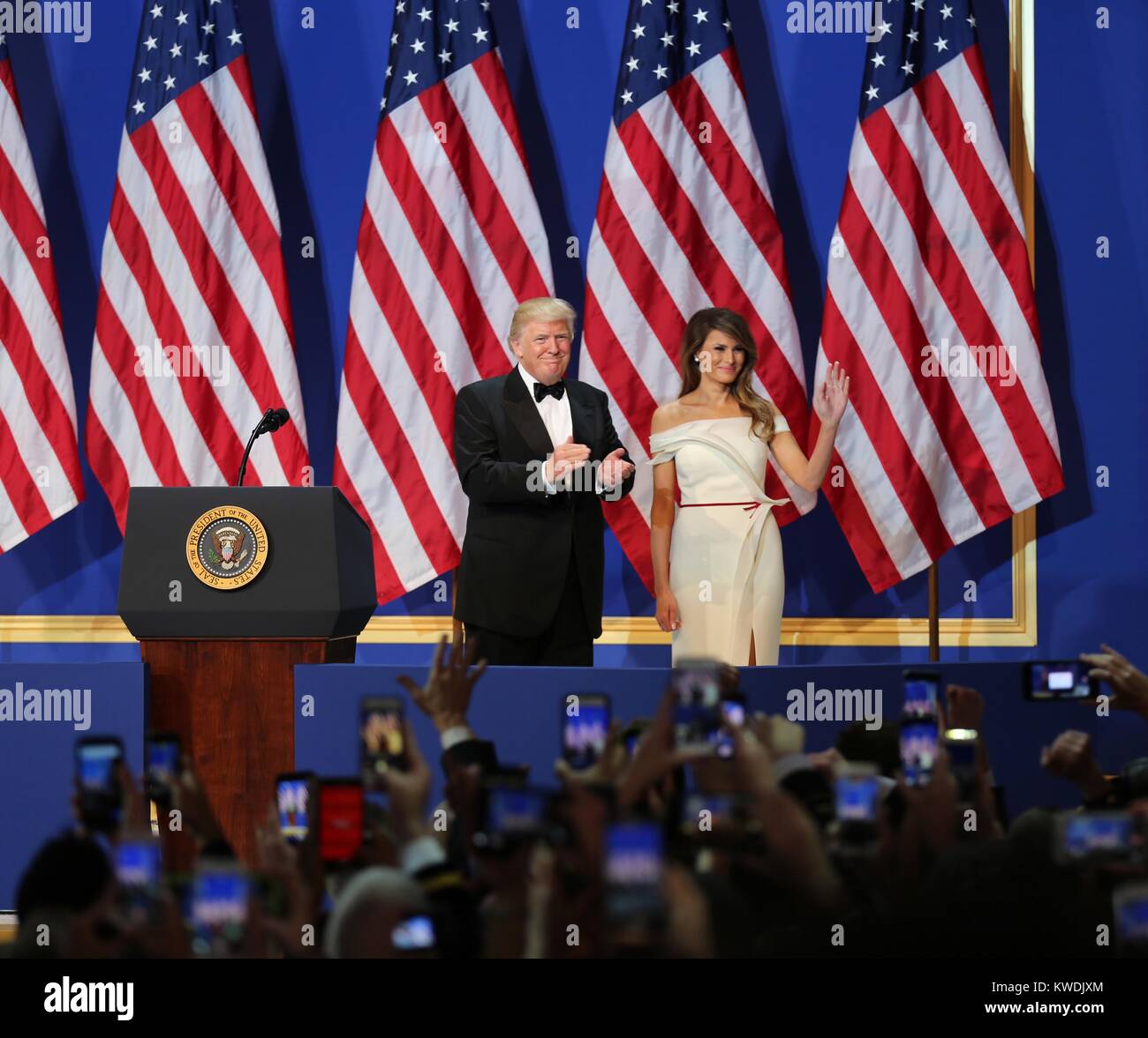 President Donald Trump and First Lady Melania at the SALUTE TO OUR ARMED FORCES BALL. One of three official inaugural balls, it paid tribute to members the armed forces, first responders, and emergency personnel. Jan. 20, 2017, Washington, DC (BSLOC 2017 19 2) Stock Photo