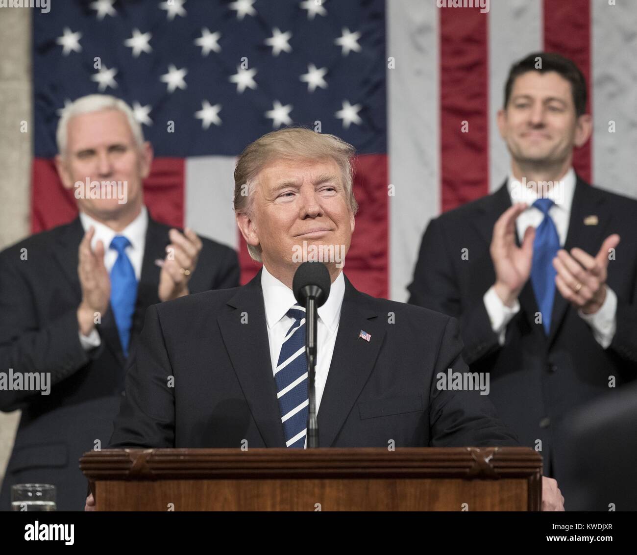 President Donald Trump delivers his first address to a joint session of Congress, Feb. 28, 2017. In the background are Vice President Mike Pence and Speaker of the House Paul Ryan (BSLOC 2017 19 4) Stock Photo