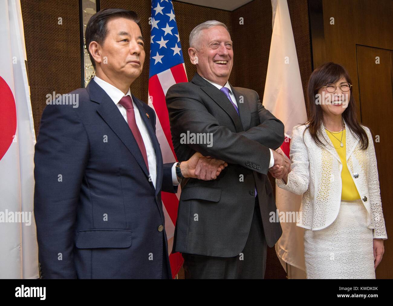 Sec. of Defense Jim Mattis with Defense Ministers of South Korea and Japan in Singapore. June 3, 2017. L-R. Defense Minister Han Min-goo, Sec. Mattis, and Japanese Minister Tomomi Inada (BSLOC 2017 18 132) Stock Photo