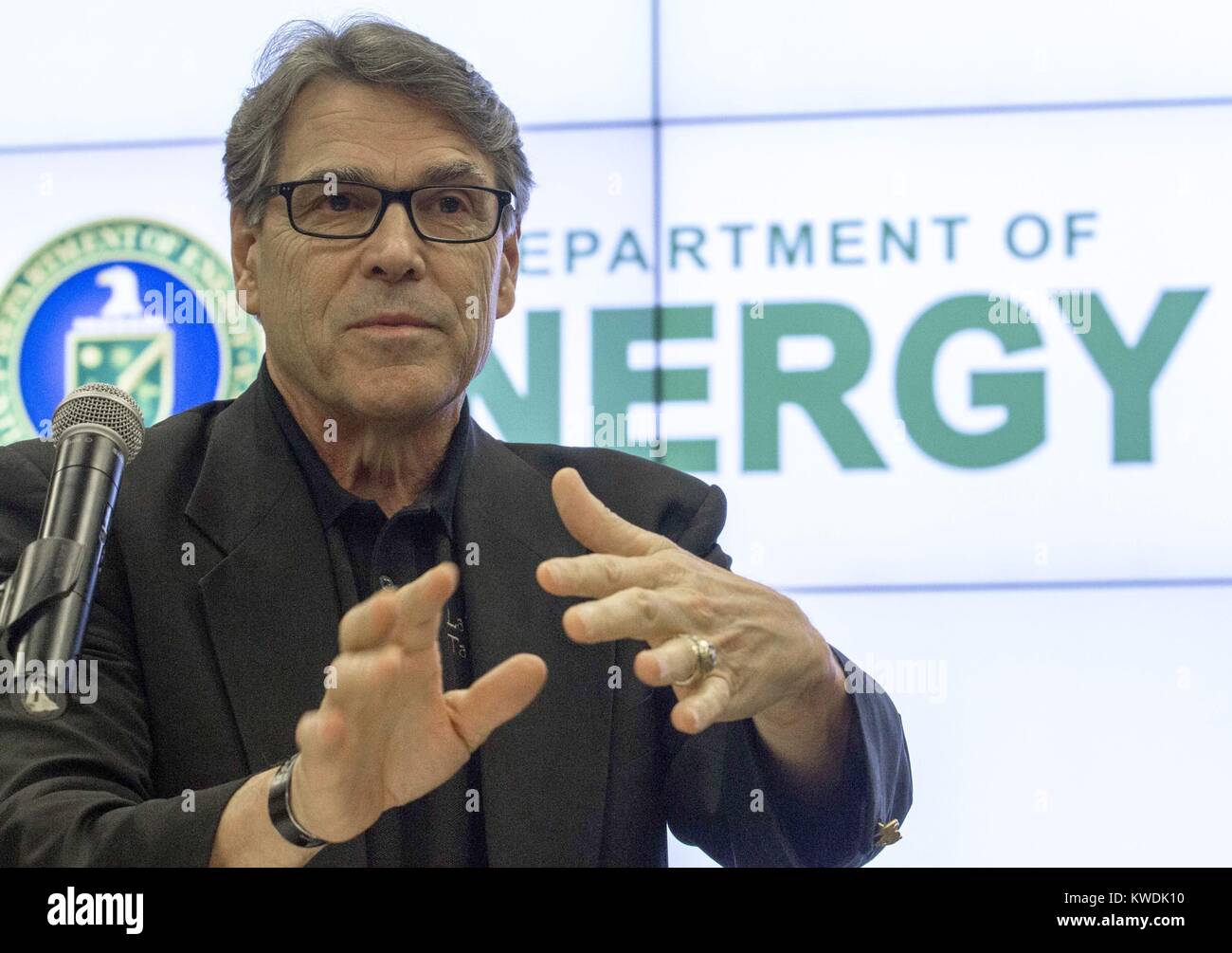 US Department of Energy Sec. Rick Perry speaking at Energy Technology Laboratory, July 7, 2017. During the 2012 Presidential campaign, the Texas Governor Perry proposed eliminating the DOE (BSLOC 2017 18 138) Stock Photo