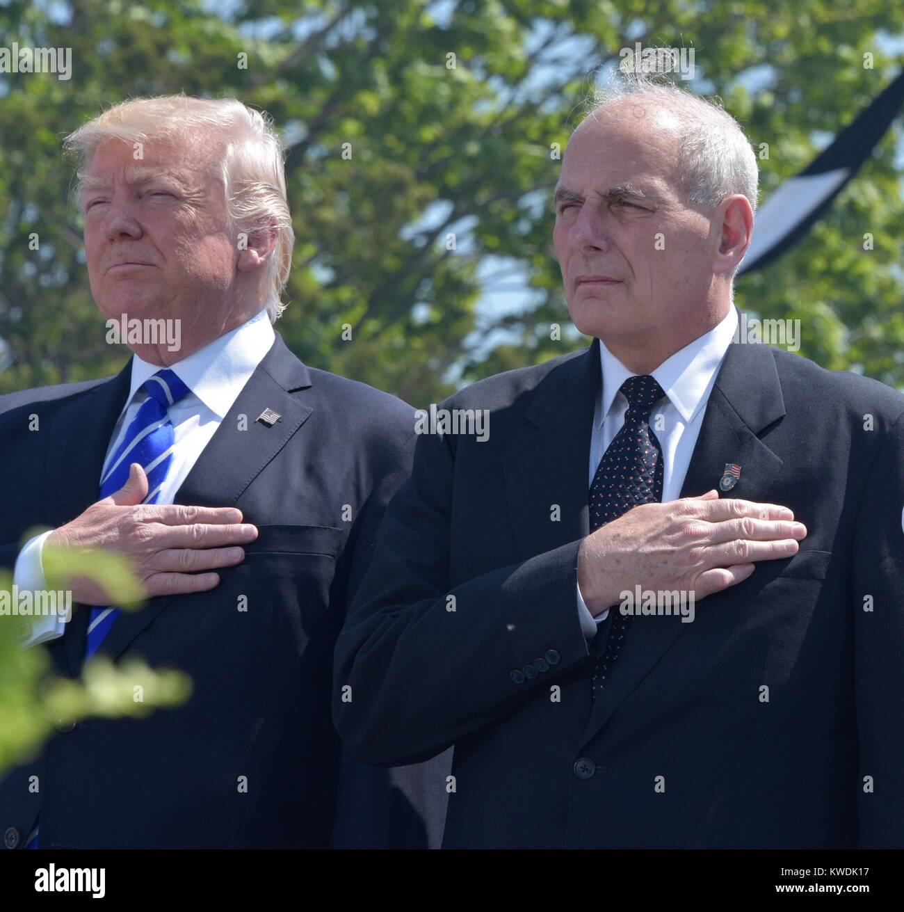 President Donald Trump and Secretary of Homeland Security John Kelly, May 17, 2017. Trump delivered the commencement address at the Coast Guard Academy Commencement, New London, CT (BSLOC 2017 18 143) Stock Photo