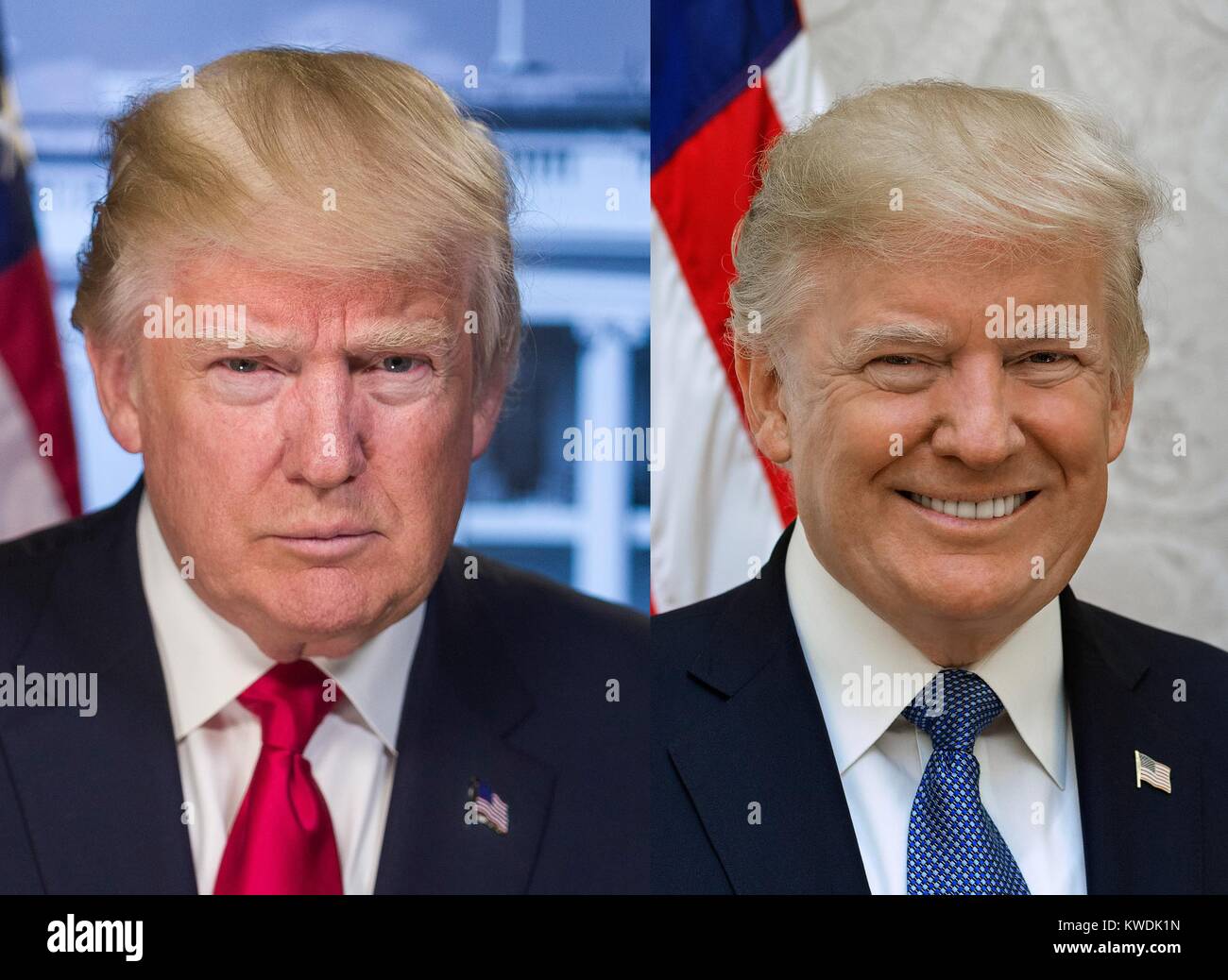 Contrasting portraits of President Donald Trump used by the White House in 2017. Image on left was taken in Dec. 2016, prior to his inauguration, and has the flag and White House digitally added as a backdrop. It was used on the White House website presidential biography, until it was replace by the smiling portrait on the right on October, 31, 2017. There is evidence of cosmetic digital retouching in the portrait on right (BSLOC 2017 18 154) Stock Photo