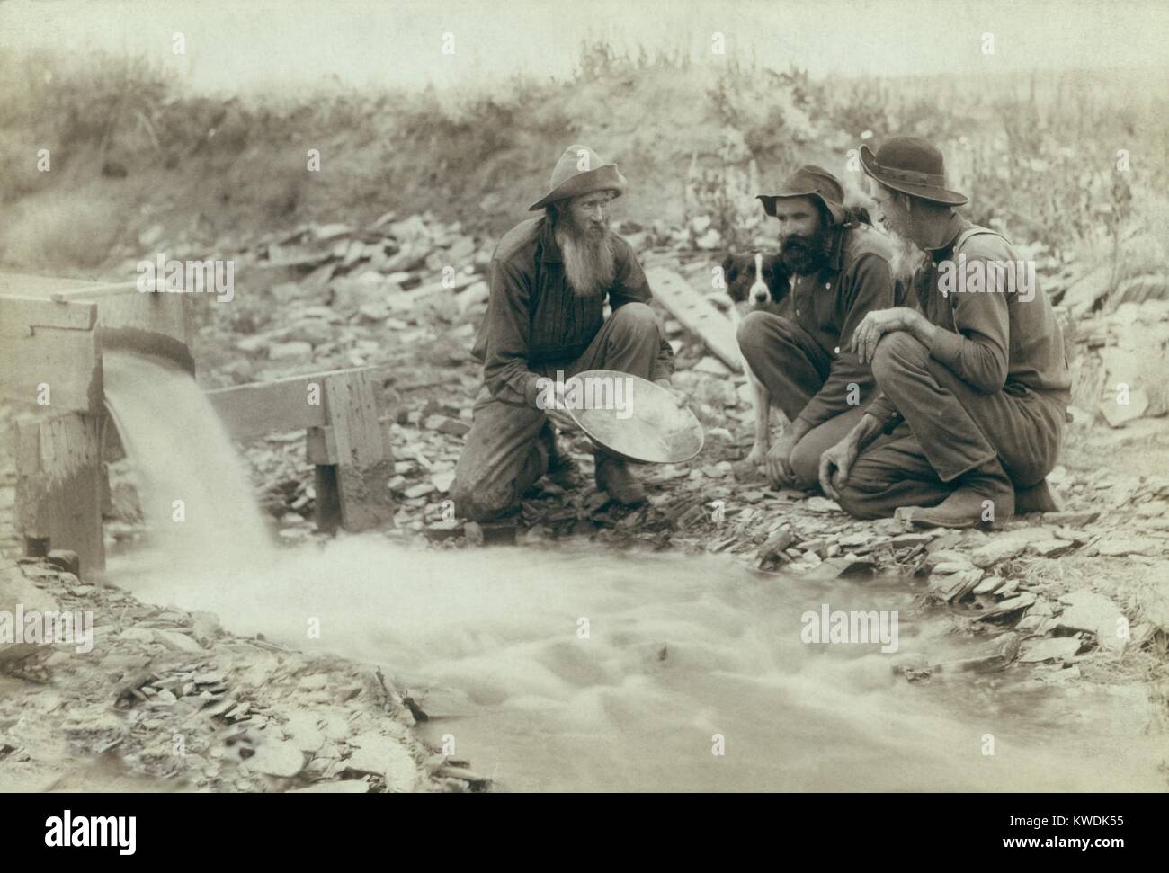 Three men panning for gold in a stream in the Black Hills of South Dakota in 1889. Old timers, Spriggs, Lamb, and Dillon may be die hard survivors from the Gold Rush of 1876. Photo by John Grabill, Jan. 1889 (BSLOC 2017 18 52) Stock Photo