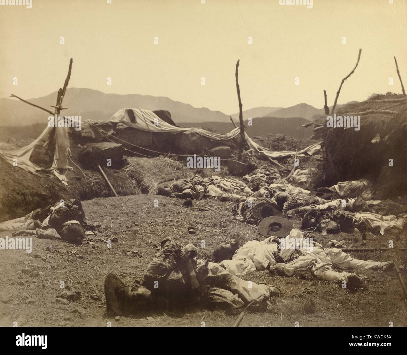 Gwangseong Garrison, a Korean citadel with several dead Korean soldiers, after US punitive attack. June 11, 1871. A force of 546 sailors and 105 Marines from the US squadron overwhelmed Koreans and their antiquated weapons (BSLOC 2017 18 67) Stock Photo