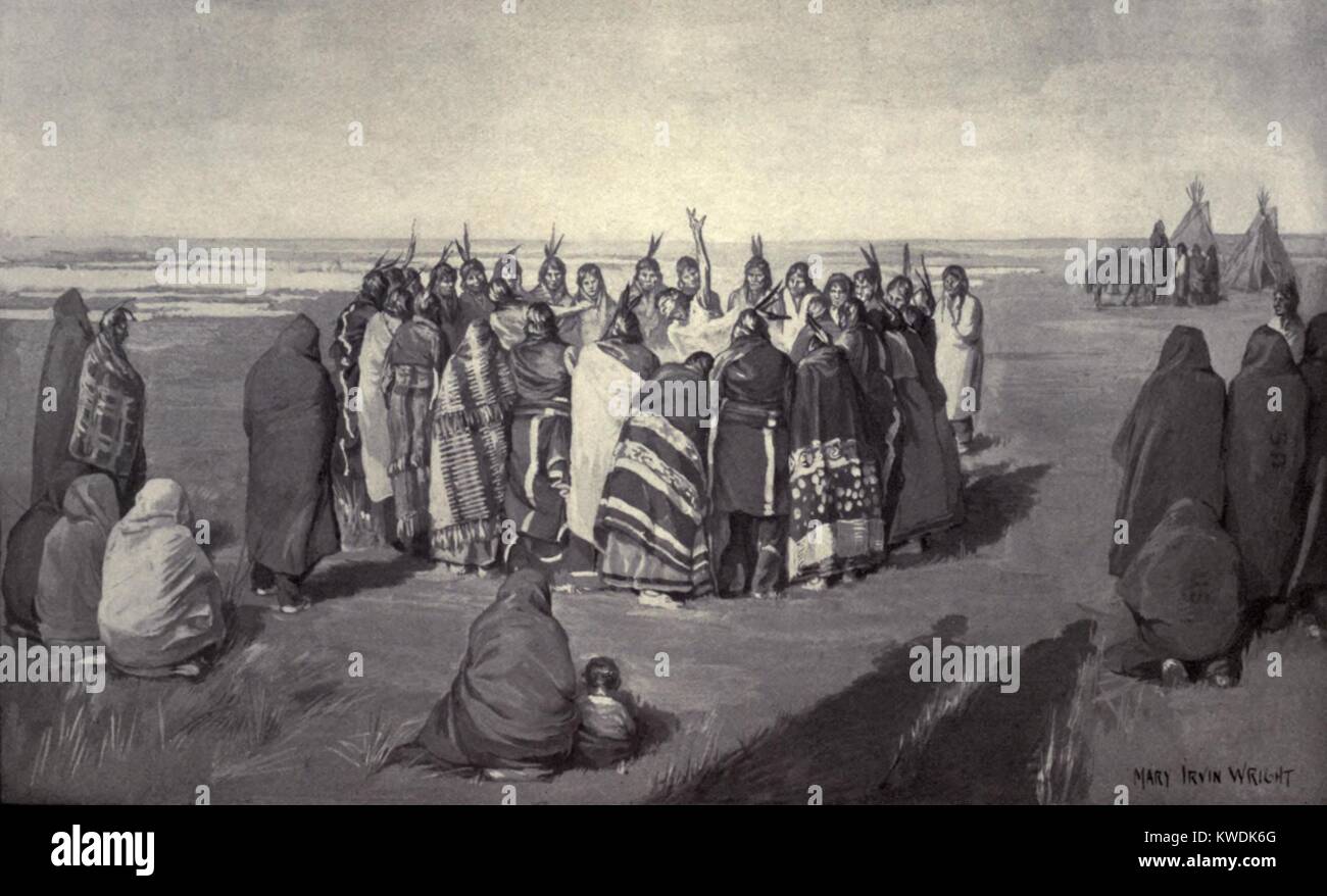 Native American Ghost Dancers in a circle, c. 1890. Dancers sang but usually made no use of drums, rattles, or other musical instruments. Reproduction of a painting by Mary Irvin Wright (BSLOC_2017_18_8) Stock Photo