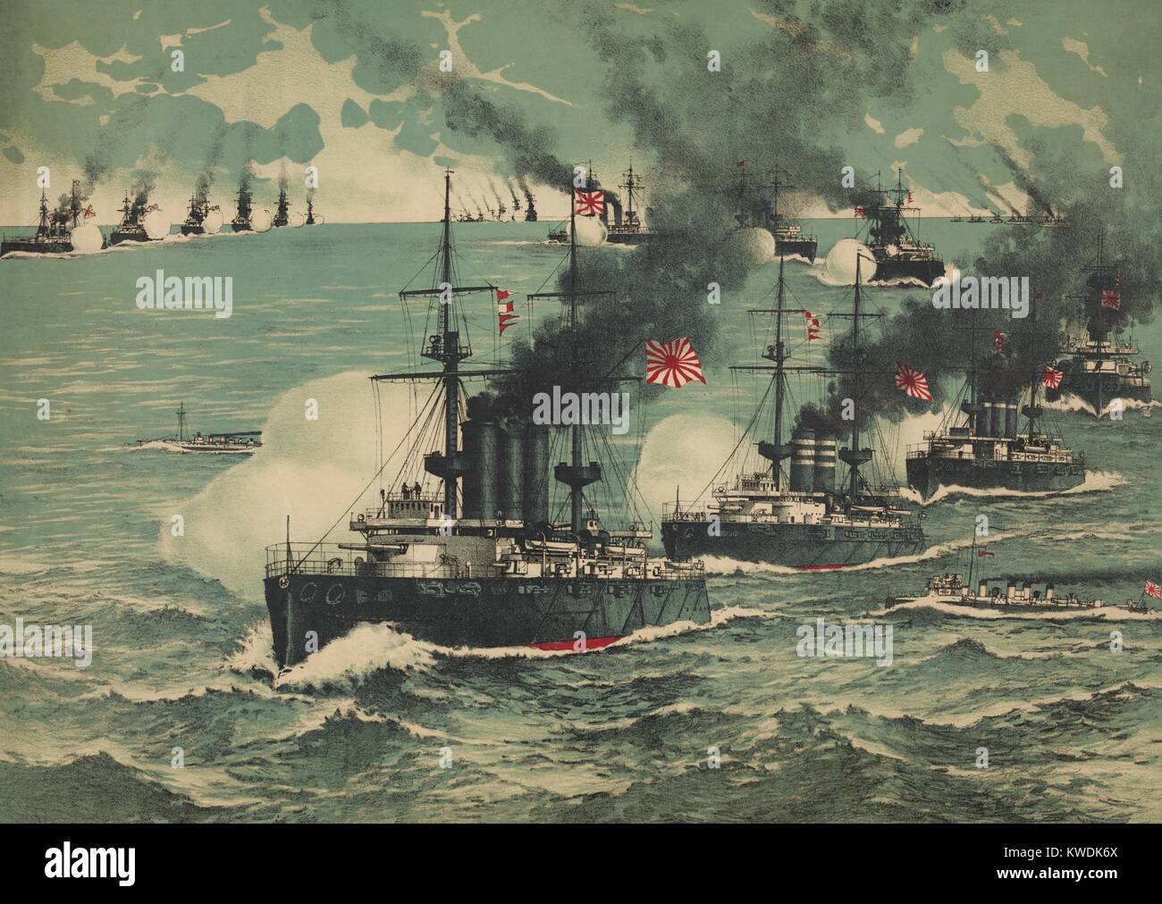 Battle of Port Arthur, Feb. 8-9, 1904 at the beginning of the Russo-Japanese War. Great Japanese Fleet bombarded Russian battleships in a surprise naval assault on the Russian fleet at Port Arthur (Lushun) (BSLOC 2017 18 89) Stock Photo