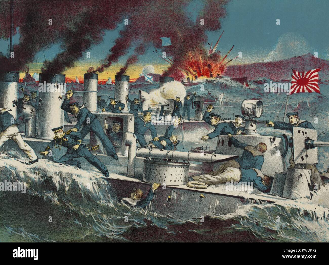 Fighting off Port Arthur during the Russo-Japanese War in April 1904. Sailors from a Japanese torpedo boat, Sazanami, board a Russian torpedo boat. The Japanese blocked the Russian attempt to break out of Port Arthur to join Russian warships at Vladivostok (BSLOC 2017 18 91) Stock Photo