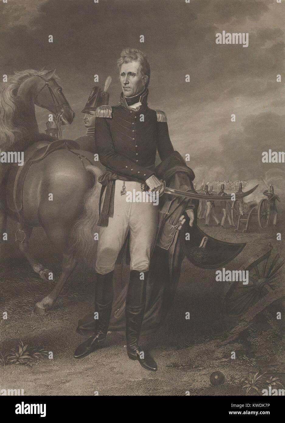 General Andrew Jackson in 1828 military portrait engraving by Asher Brown Durand. Copied from a painting by John Vanderlyn depicting Jackson in uniforms with nearby horse and soldiers firing cannons in the background (BSLOC 2017 6 4) Stock Photo