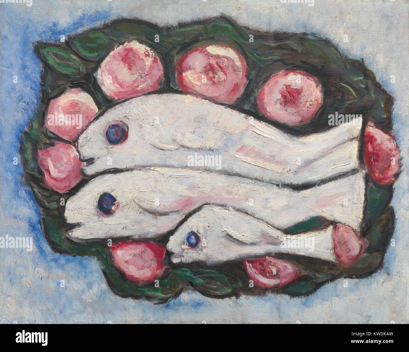 BANQUET IN SILENCE, by Marsden Hartley, 1935-36, American painting, oil on canvas. Still life of a plate of fish painted in a Hartleys personal synthesis of Cubism and German Expressionism (BSLOC_2017_7_110) Stock Photo