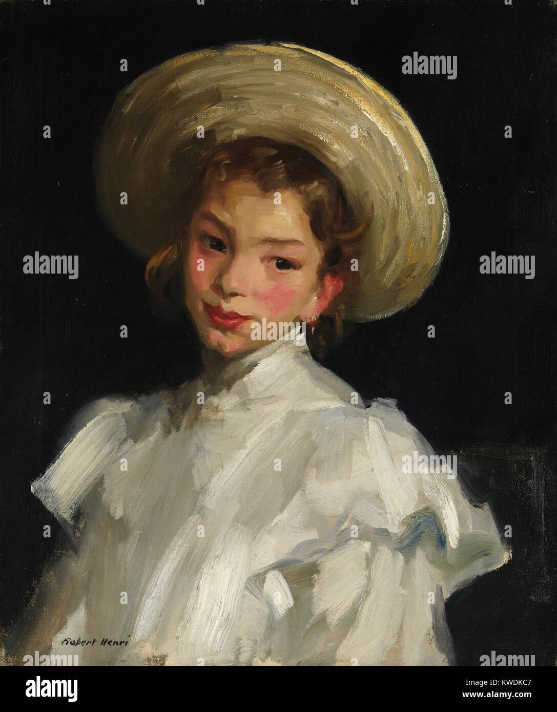 DUTCH GIRL IN WHITE, by Robert Henri, 1907, American painting, oil on canvas. Painted in summer 1907 when Henri traveled s to Haarlem, Netherlands, where Frans Hals was born. It is painted with broad brushstrokes and an energetic sketch like immediacy (BSLOC 2017 7 137) Stock Photo