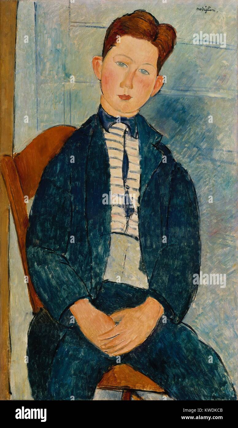 BOY IN A STRIPED SWEATER, by Amedeo Modigliani, 1918, Italian modernist painting, oil on canvas. The sitter was probably the artists friend or neighbor, whose likeness is maintained and not subordinated to artists extreme anatomical elongations and stylization. It is painted with strong silhouette of brushed color with minimal color or tonal modeling (BSLOC 2017 7 14) Stock Photo