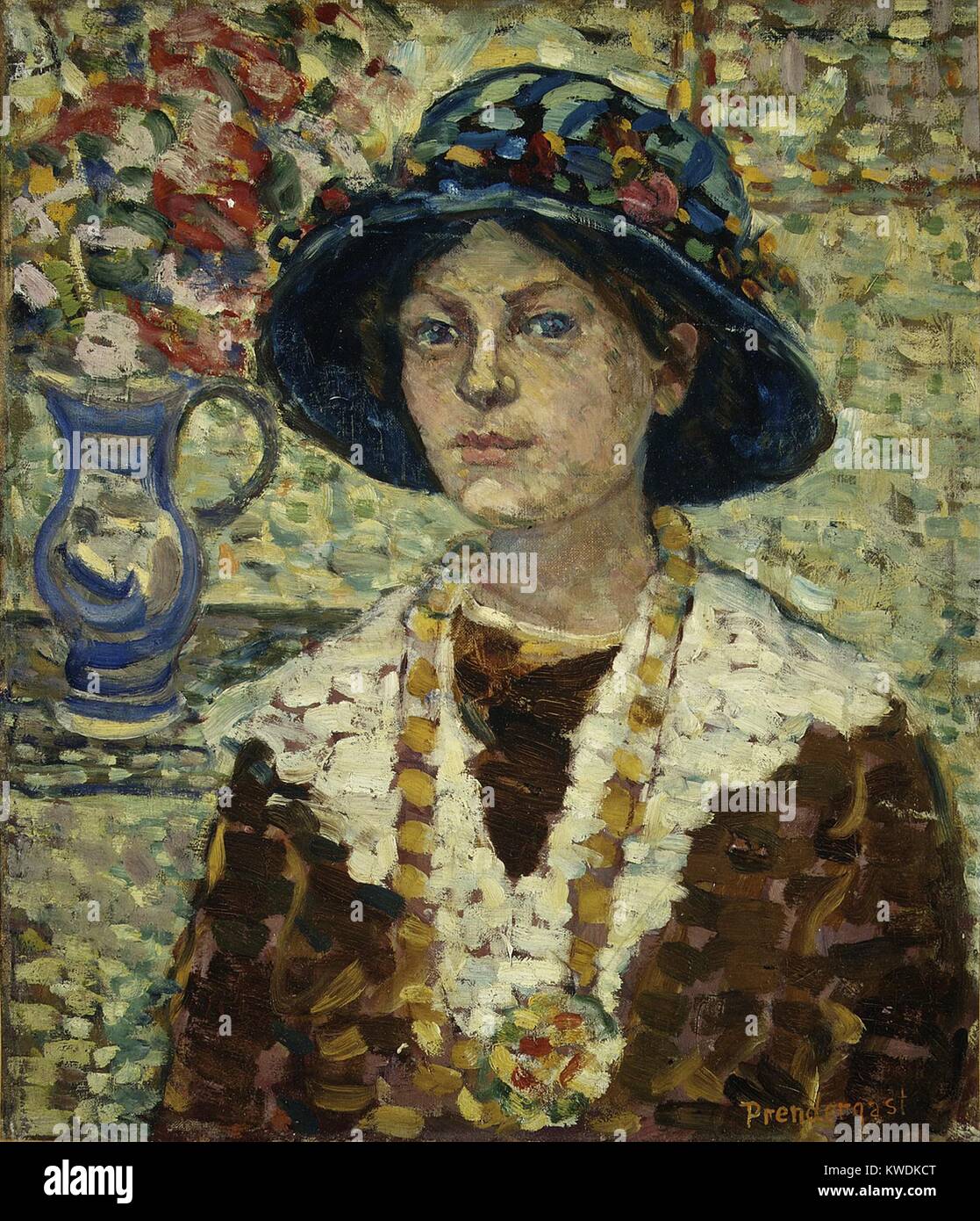 PORTRAIT OF A GIRL WITH FLOWERS, by Maurice Brazil Prendergast, 1900–01, Canadian-American oil painting. Painted when the artist was part of THE EIGHT, a group of mostly realist artists in rebellion against the conservative exhibition juries of the National Academy of Design (BSLOC 2017 7 149) Stock Photo