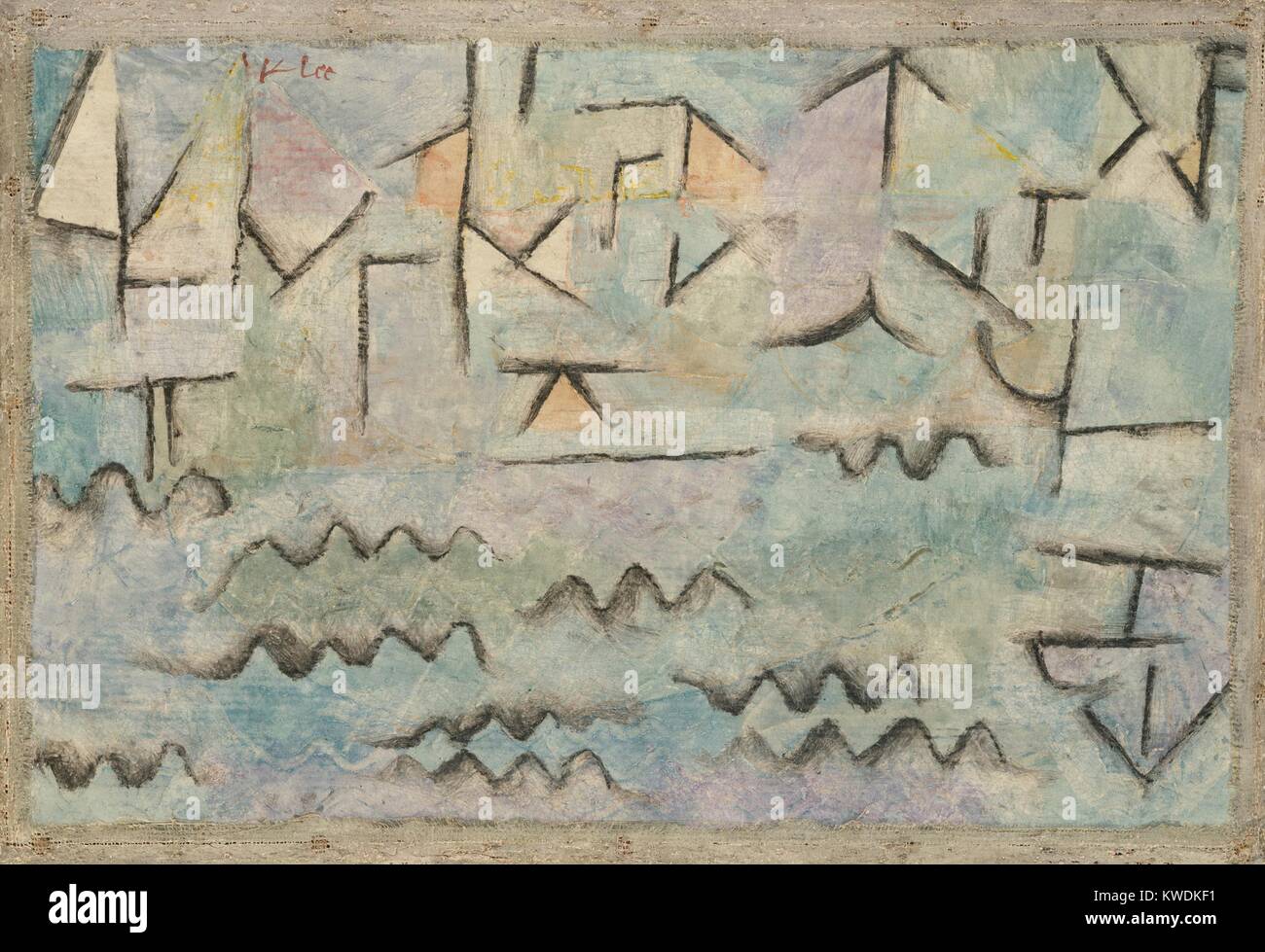 THE RHINE AT DUISBURG, by Paul Klee, 1937, Swiss painting, oil and charcoal on cardboard. Abstract cityscape with river, painted with childlike symbols for waves on the water and the linear geometry of buildings (BSLOC 2017 7 51) Stock Photo