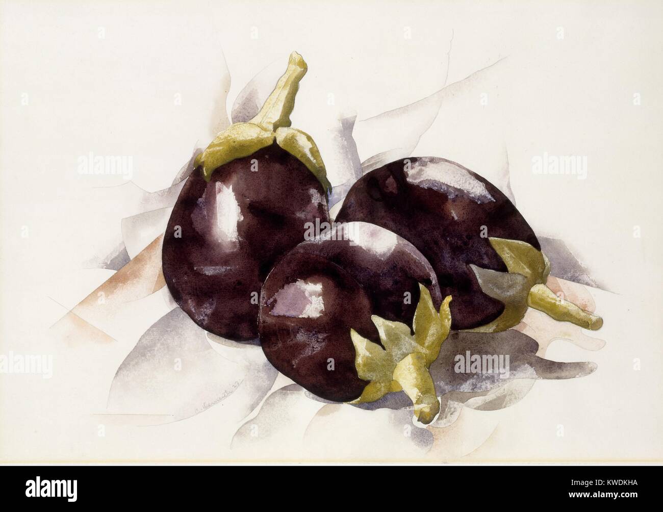 EGGPLANTS, by Charles Demuth, 1927, American painting, watercolor, and graphite on cardboard. Study of three deep purple eggplants, with white patches depicting light reflecting from their shiny surface. The artist painted with translucent watercolors, emphasizing the color, and the effect of light (BSLOC 2017 7 96) Stock Photo