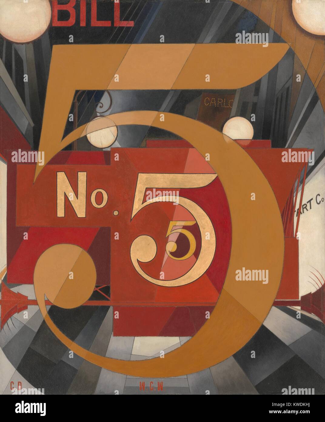 I SAW THE FIGURE 5 IN GOLD, by Charles Demuth, 1928, American painting, oil, gold leaf on paperboard. Demuths poster painting of his friend, the poet William Carlos Williams, and a visual tribute to his 1921 poem, The Great Figure (BSLOC 2017 7 99) Stock Photo