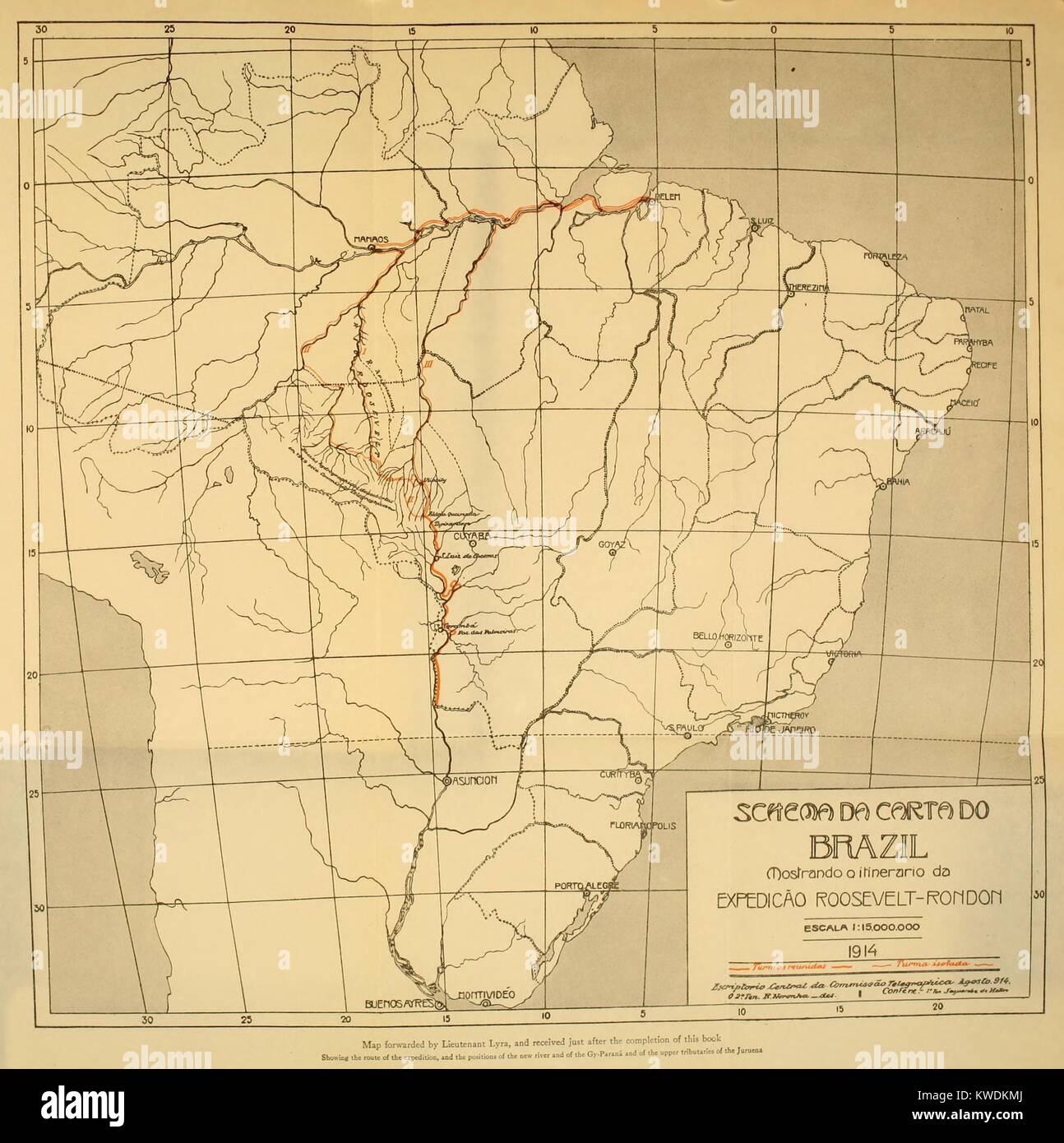 Map of the Roosevelt-Rondon Scientific Expedition of the American Museum of Natural History. The orange route is the 1913-1914 path of exploration (BSLOC 2017 8 68) Stock Photo