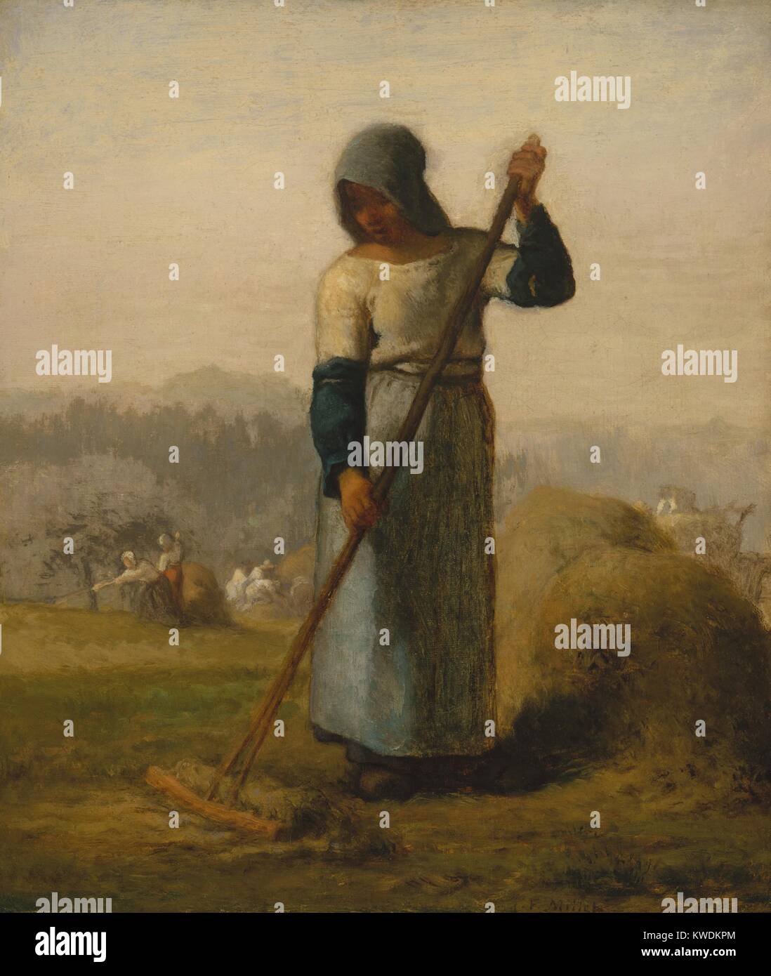 WOMAN WITH A RAKE, by Jean-Francois Millet, 1856-57, French painting, oil on canvas. After 20 years as portrait painter, Millet emerged as a pioneering realist in the later 1840s. This work was painted from one of his woodcut series Labors of the Fields. Millet was a member of the Romantic realist Barbizon School (BSLOC 2017 9 110) Stock Photo