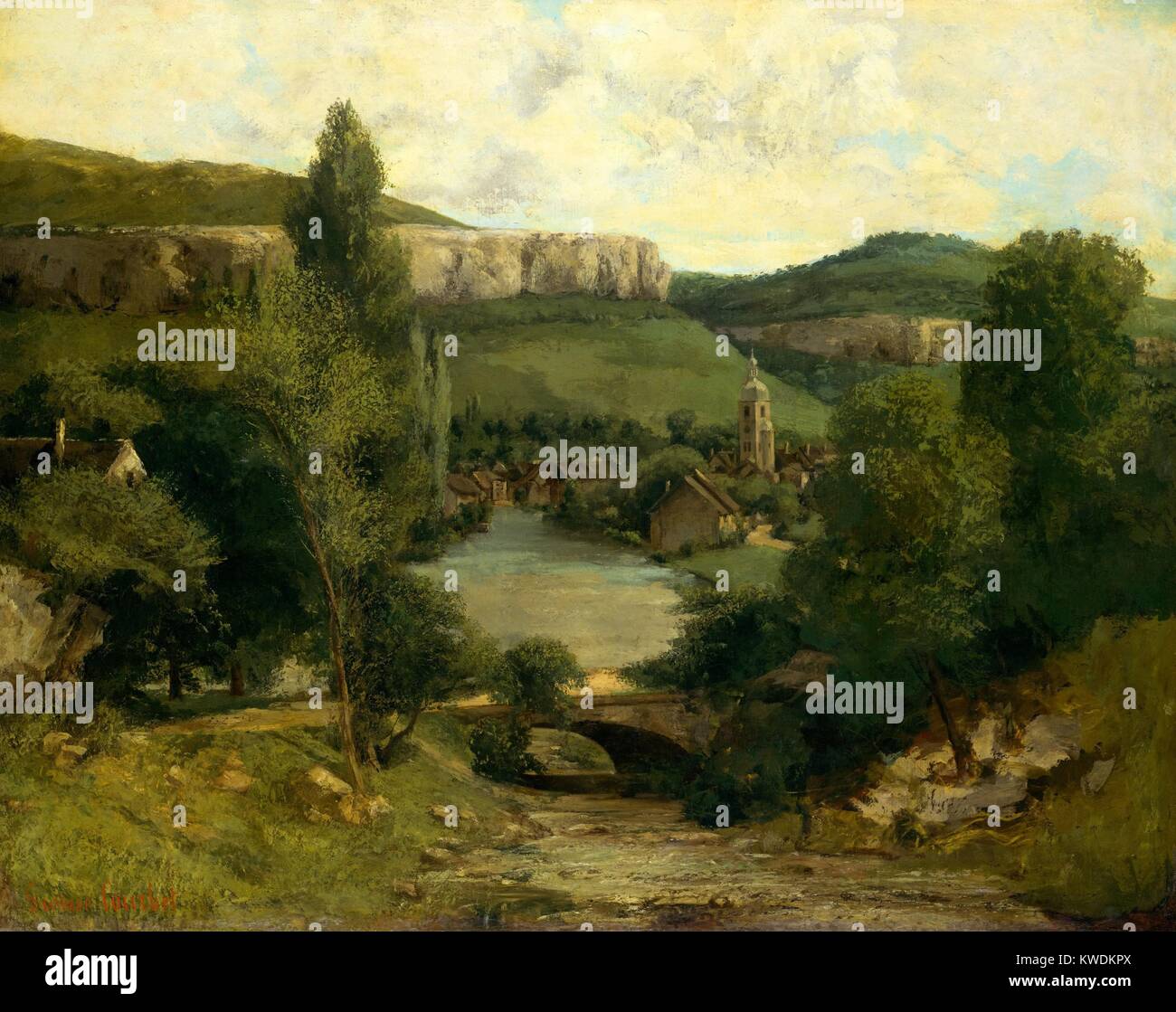 VIEW OF ORNANS, by Gustave Courbet, 1853-57, French painting, oil on canvas. View of the countryside of Courbets native town. The church steeple rises above houses along the banks of the River Loue, the cliff of Roche du Mont. (BSLOC 2017 9 114) Stock Photo