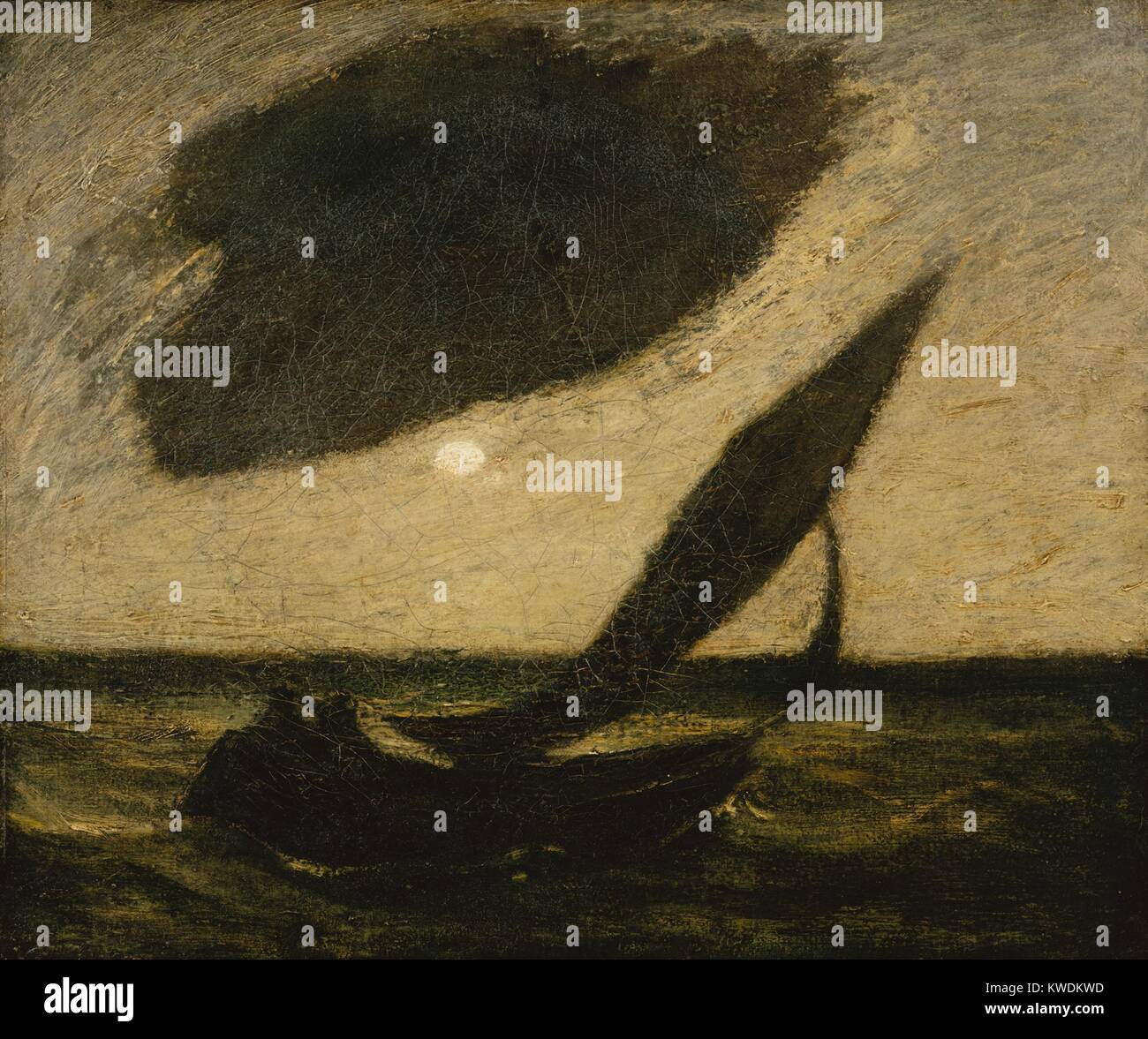 UNDER A CLOUD, by Albert Pinkham Ryder, 1900, American painting, oil on canvas. This evocative nocturnal seascape depicts a large dark cloud next to a small full moon over a sailboat the water (BSLOC 2017 9 34) Stock Photo