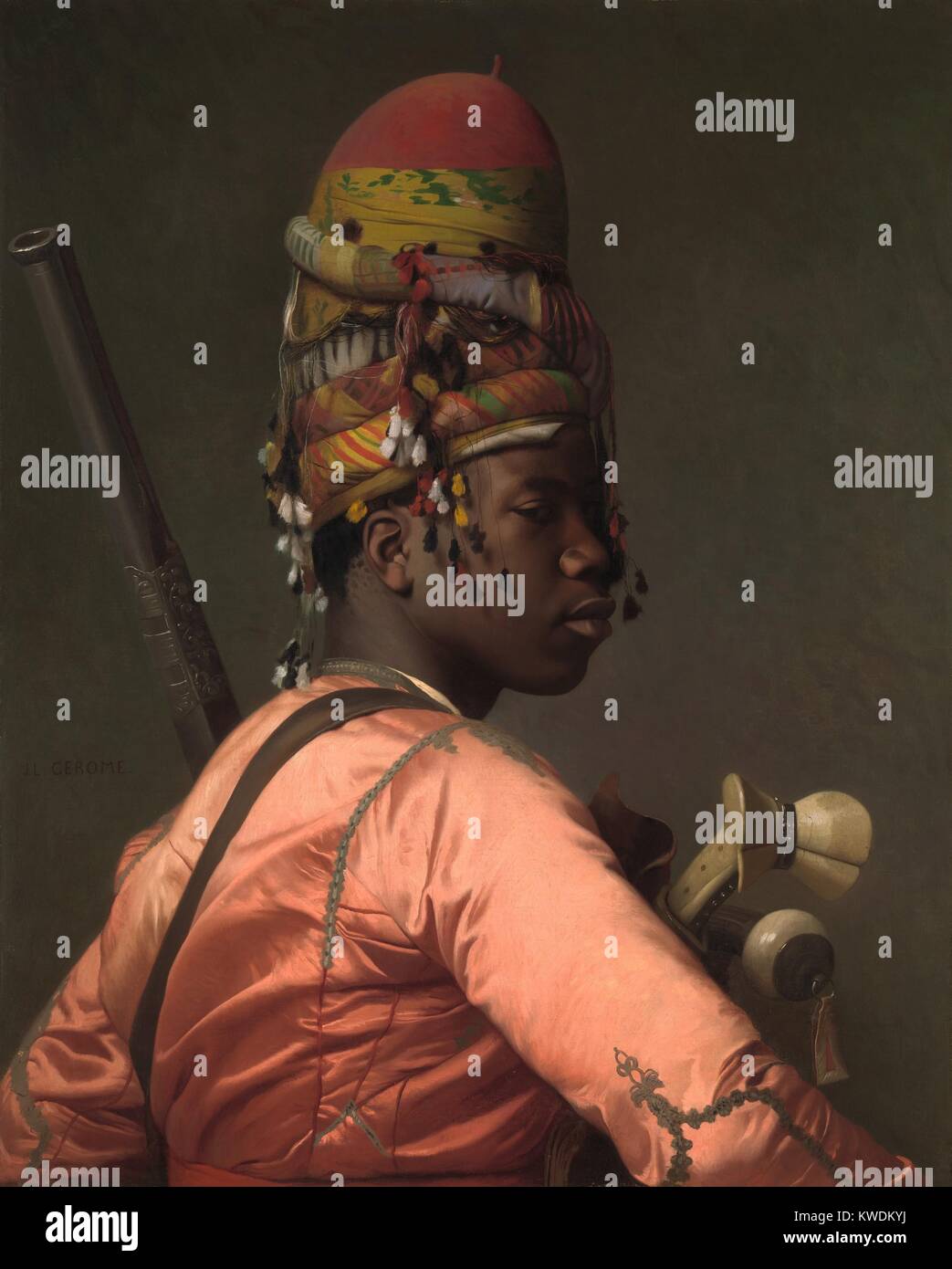 BASHI-BAZOUK, by Jean-Leon Gerome, 1868-69, French painting, oil on canvas. The Turkish title translates as headless and refers to the mercenary soldiers who fought for plunder under the Ottoman Turks. This detailed and lifelike portrait was painted of an African model in Geromes Paris studio dressed in textiles the artist brought back from his expedition to the Near East in 1868 (BSLOC 2017 9 77) Stock Photo