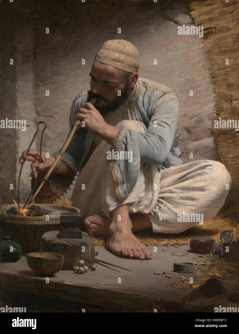 THE ARAB JEWELER, by Charles Sprague Pearce, 1882, American painting, oil on canvas. An Arab artisan is painted with strong sense of light and volume. The artist studied in Paris and traveled to Egypt in the 1870s. (BSLOC 2017 10 107) Stock Photo