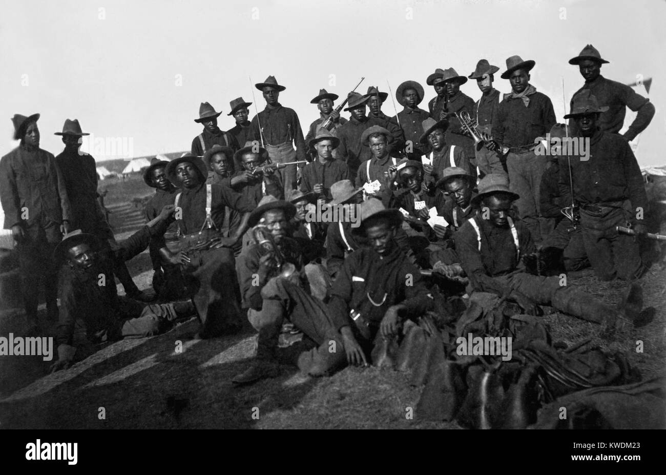 African American soldiers in quarantine at Camp Wikoff, Montauk, with 20,000 others veterans. After the Spanish American war, many were recovering from battle wounds, yellow fever, malaria and typhoid. The quarantine lasted from mid-August to late October, 1898, and included Theodore Roosevelts Rough Riders (BSLOC 2017 10 25) Stock Photo