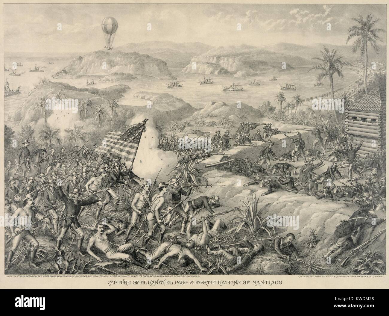 Battle of El Caney was fought on July 1, 1898, during the Spanish–American War in Cuba. US Forces captured the town and installations to support the main attack on the San Juan Heights. In the background are Spanish ships blockaded in the Santiago Bay by US Navy at far right. The US military used observation balloons during the Santiago Campaign (BSLOC 2017 10 28) Stock Photo