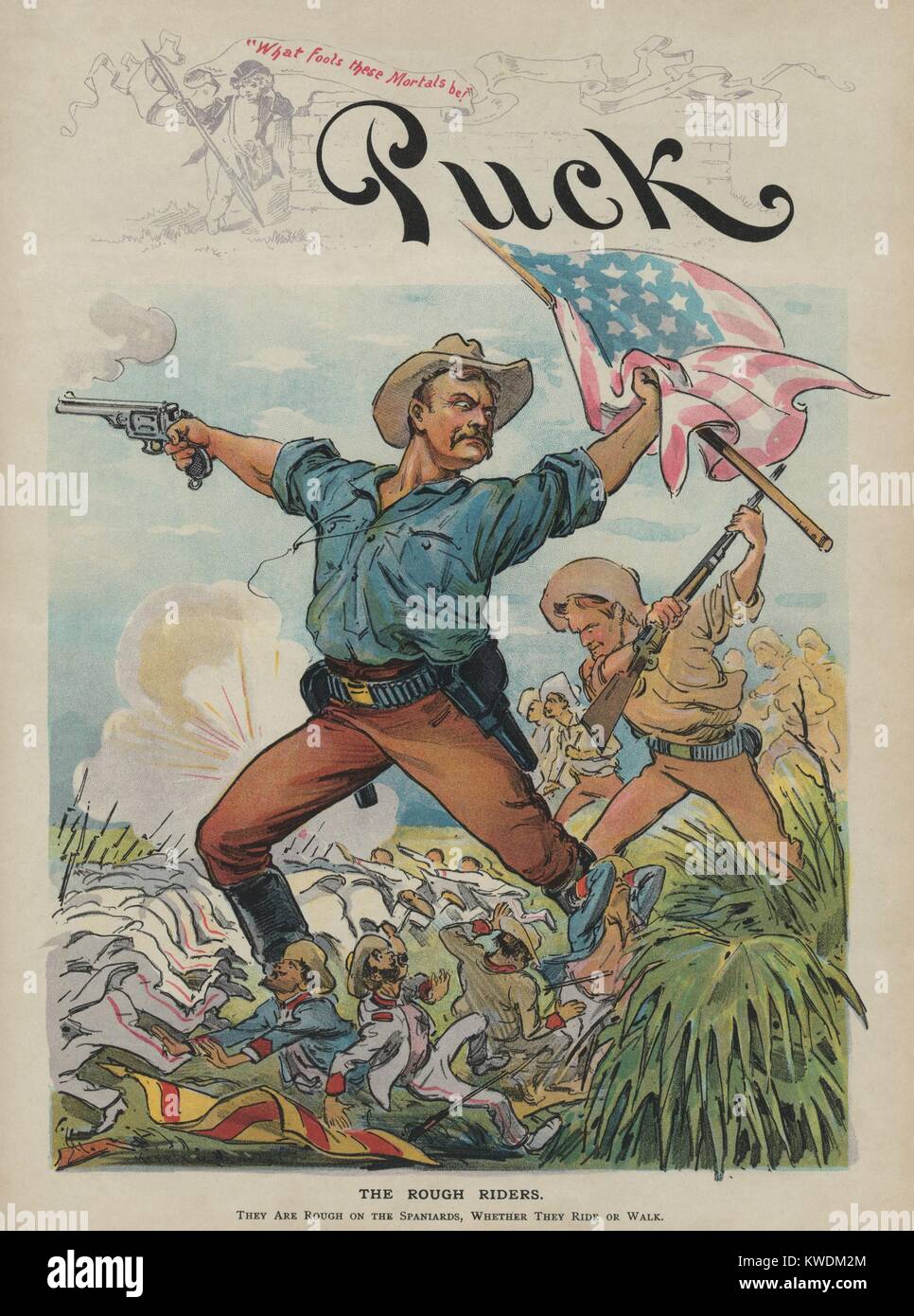 THE ROUGH RIDERS, Puck Magazine illustration, July 27, 1898. The non-factual made-up image in this political cartoon depicts Theodore Roosevelt leading a charge, trampling tiny Spanish soldiers underfoot, during the Spanish American War in Cuba (BSLOC 2017 10 37) Stock Photo