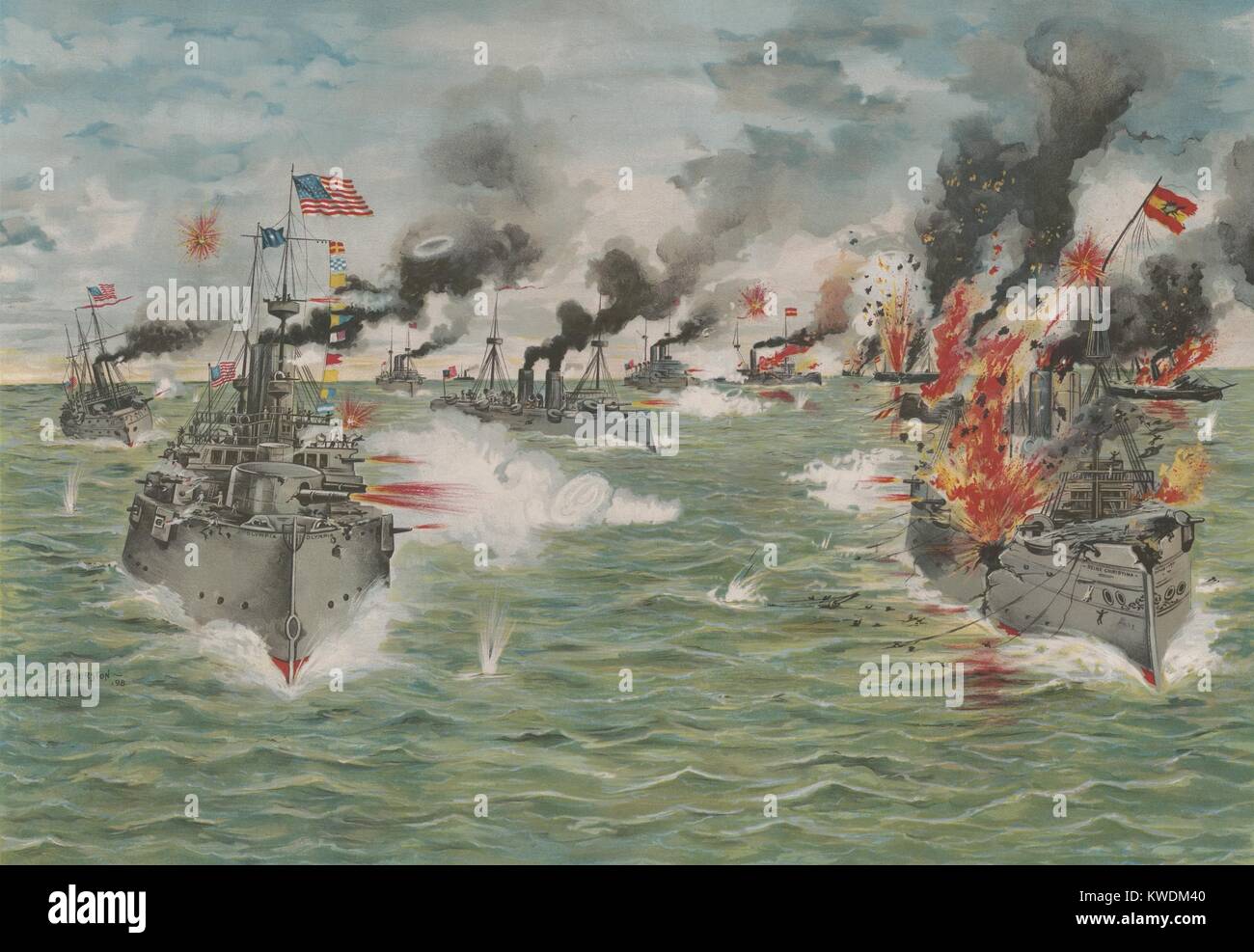 US Asiatic Squadron delivers the last broadside to the Spanish Pacific fleet, May 1, 1898. The Spanish fleet, was outgunned and out-armored by the U.S. fleet in the Battle of Manila Bay. This was the first major battle of the Spanish-American War (BSLOC 2017 10 61) Stock Photo
