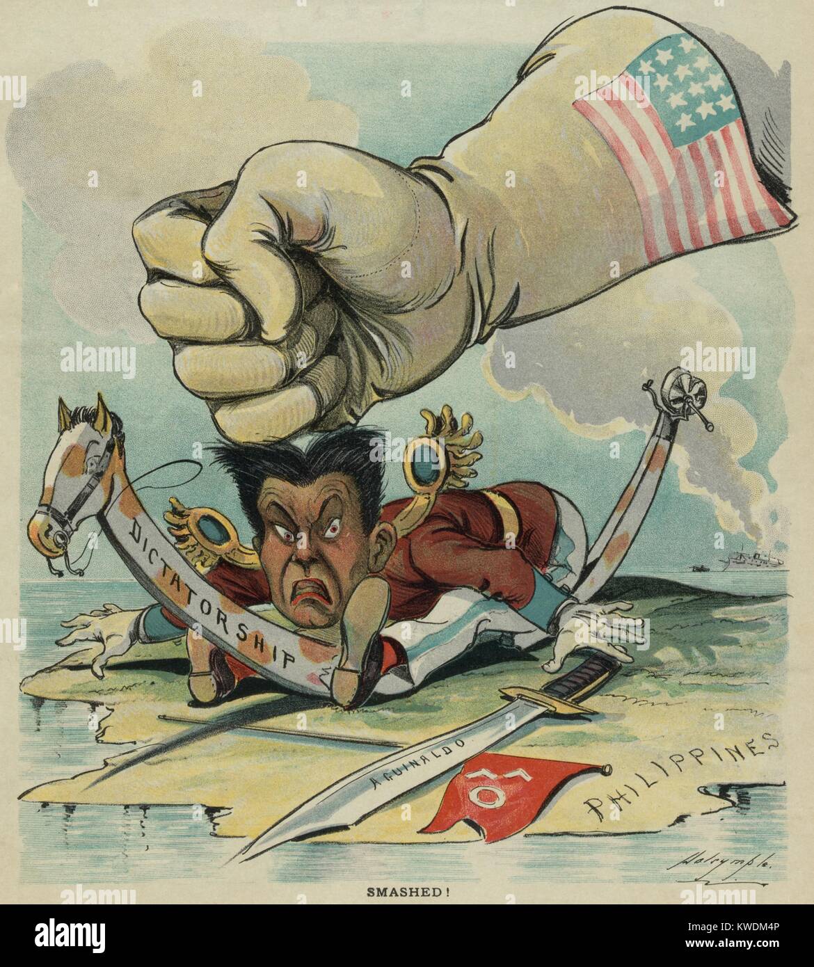 SMASHED! American political cartoon prematurely declaring victory over Philippine insurgency. March 8, 1899. A giant American gloved fist holds down Filipino leader, Emilio Aguinaldo. In fact, the Philippine-American War had just begun in February 1899 and would continue until July 1902 (BSLOC 2017 10 76) Stock Photo