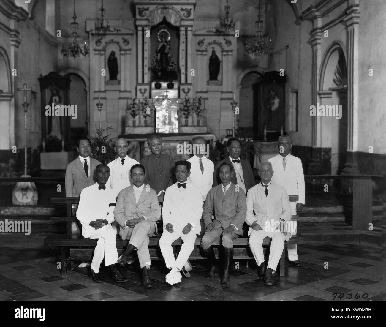 Revolutionary leaders marking the 30th anniversary of the Philippine Republic in 1929. Emilio Aguinaldo (seated, center) with ten of the delegates to the first Assembly of Representatives that passed the Constitucion Politica de la Republica Filipina on Jan. 21, 1899. They pose in Our Lady of Mount Carmel Church in Malolos, the site of the First Philippine Congress, where they drafted the constitution (BSLOC 2017 10 93) Stock Photo