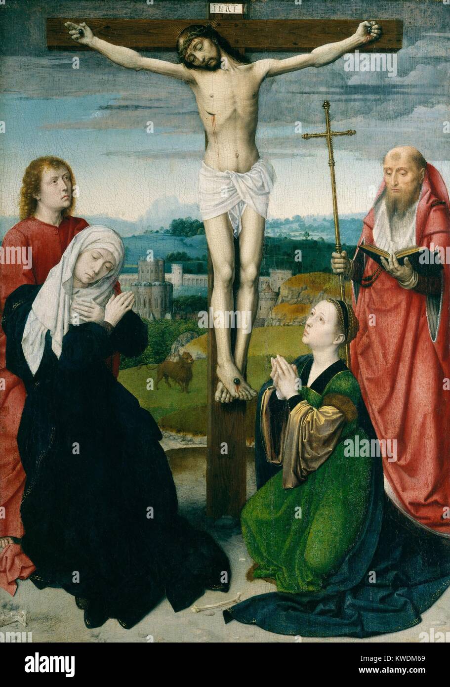 THE CRUCIFIXION, by Gerard David, 1495, Netherlandish, Northern Renaissance painting, oil on wood. Crucifixion includes the Church Father, Saint Jerome, reading about the crucifixion in the Latin Bible he translated from the Greek. The artist illustrated the scripture account with the sky that darkened at Christs death. In the background is a representation of Jerusalem (BSLOC 2017 16 105) Stock Photo