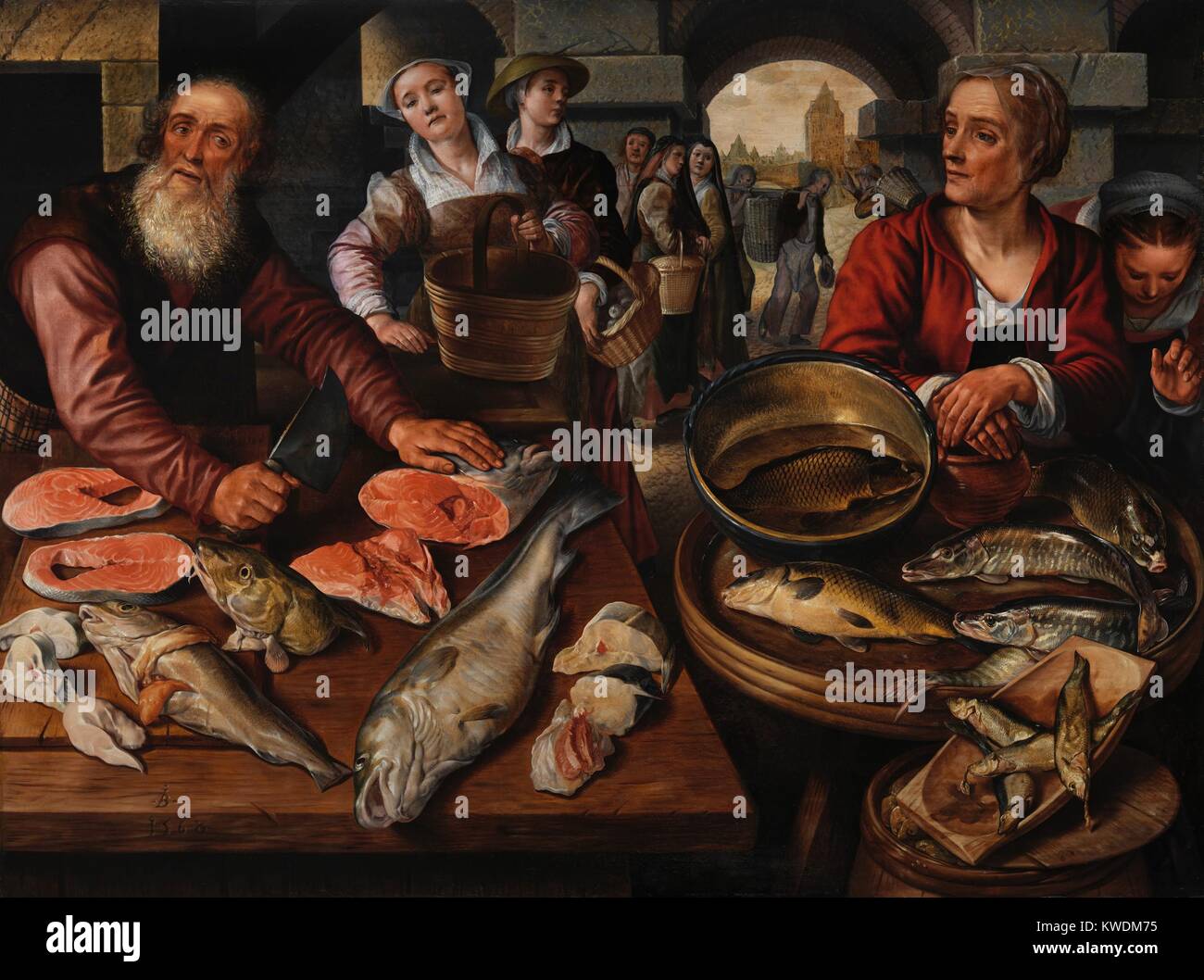 FISHMARKET, by Joachim Beuckelaer, 1568, Netherlandish, Northern Renaissance oil painting. This daily fish market represents the new genre of still-life painting, celebrating abundance and commerce in Antwerp. Northern Netherlands artists turned to secular themes when Calvinist Iconoclasm of 1566, limited the market for religious subjects (BSLOC 2017 16 121) Stock Photo