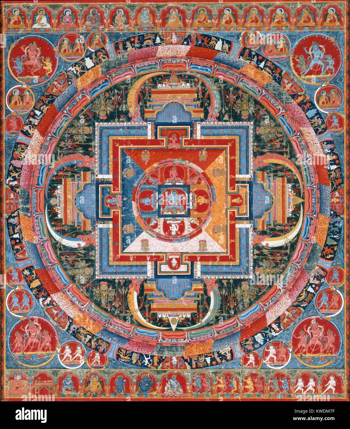 MANDELA OF JNANADAKINI, Tibet, Buddhist, 1370-1400, painting, distemper on cotton. The central six-armed devi (goddess), Jnanadakini, is surrounded by eight emanations of the devi, that correspond to the colors of the mandala’s four quadrants. The tangka is populated with many figures: deities, lamas, monks dakinis, and mahasiddhas (BSLOC 2017 16 14) Stock Photo