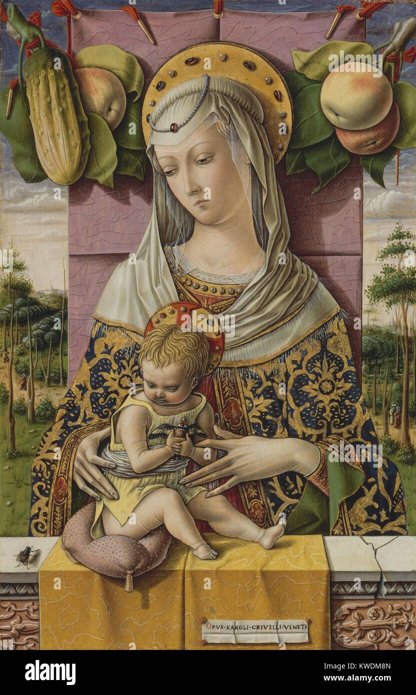MADONNA AND CHILD, by Carlo Crivelli, 1480, Italian Renaissance painting, tempera, oil on wood. Crivelli painted this with Trompe-l’oeil details. The apples and fly are symbols of sin and evil and are opposed to the cucumber and the goldfinch, symbols of redemption (BSLOC 2017 16 36) Stock Photo