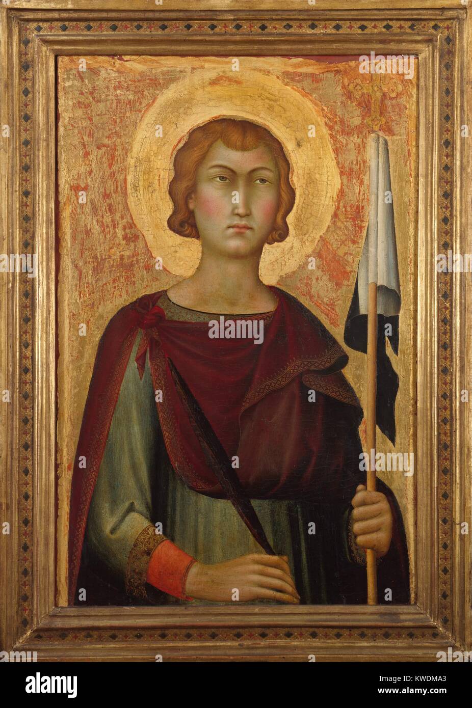 SAINT ANSANUS, by Simone Martini, 1326, Italian Proto-Renaissance painting, tempera on wood. At age 19, Ansanus openly declared his Christian faith during the persecutions of Diocletian. As a prisoner in Siena, he preached and was decapitated by order of Roman Emperor Diocletian in 304. Ansanus became Sienas patron saint and holds its black and white banner (BSLOC 2017 16 63) Stock Photo