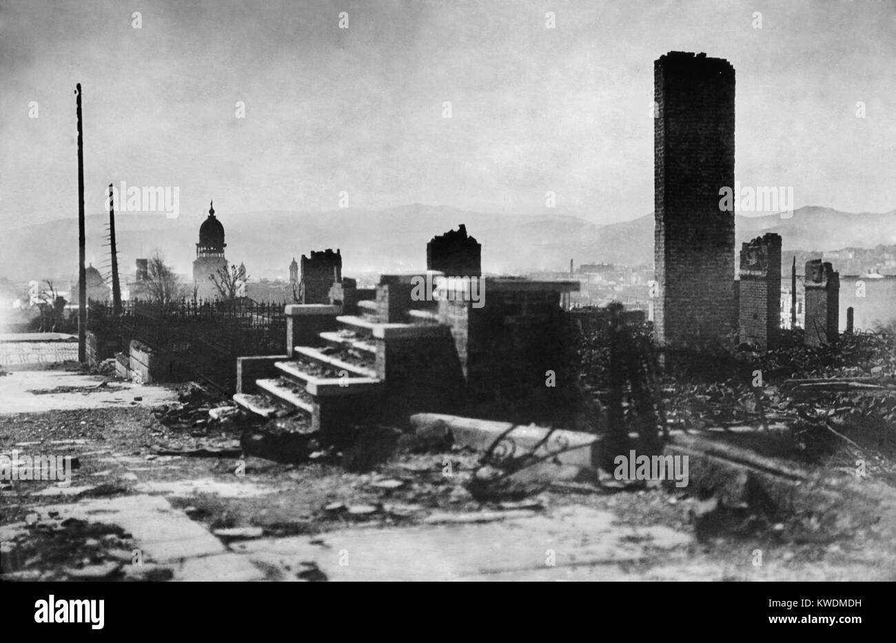 Step and chimney remain of a house after the April 18, 1906, San Francisco earthquake and fire. Photo by Arnold Genthe (BSLOC 2017 17 22) Stock Photo