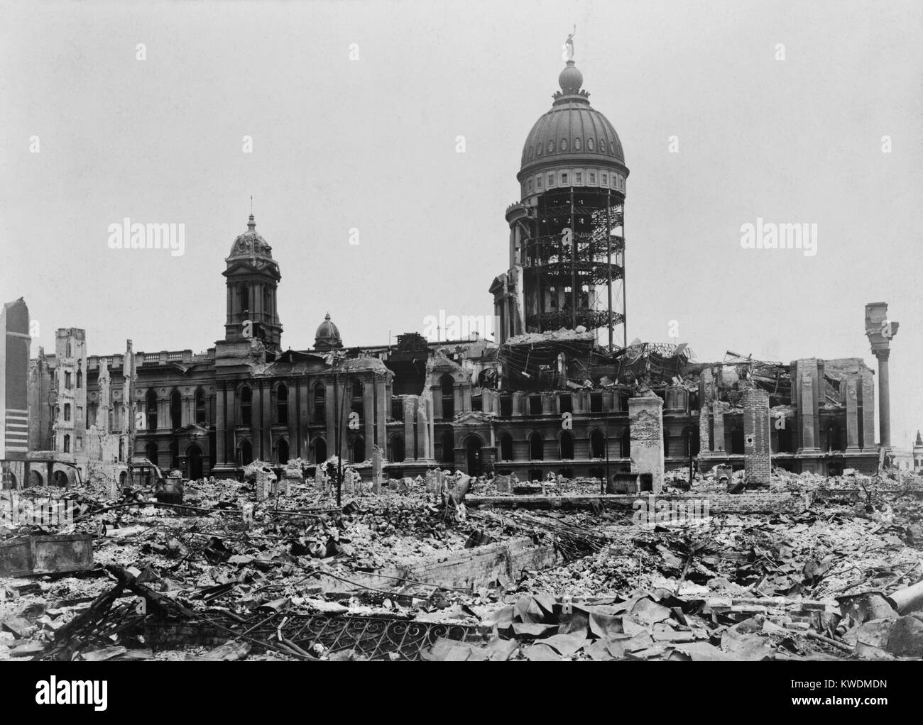 Ruins of San Francisco City Hall after the April 18, 1906 earthquake and 3-day fire. In 1899, it was opened after a scandal about its 27 years of construction at a cost of $6 million. It was completely destroyed and replaced by a new building built at a different site (BSLOC 2017 17 26) Stock Photo
