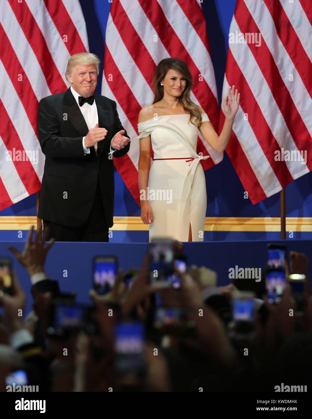 President Donald Trump and First Lady Melania at the SALUTE TO OUR ARMED FORCES BALL. One of three official inaugural balls, it paid tribute to members the armed forces, first responders, and emergency personnel. Jan. 20, 2017, Washington, DC (BSLOC 2017 19 3) Stock Photo