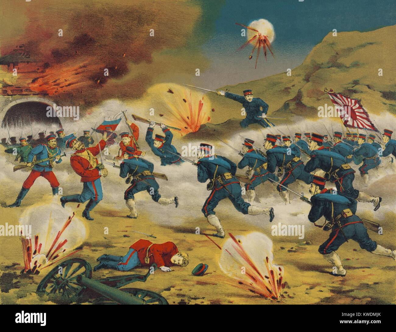 Japanese and Russian soldiers in fierce battle at Chiu-tien-Cheng, Manchuria. This action is known as the Battle of Yalu River, May 1904, which ended when the Russian army retreated, but also leaving part of the army to surrender to the Japanese. Russo-Japanese War (BSLOC 2017 18 109) Stock Photo