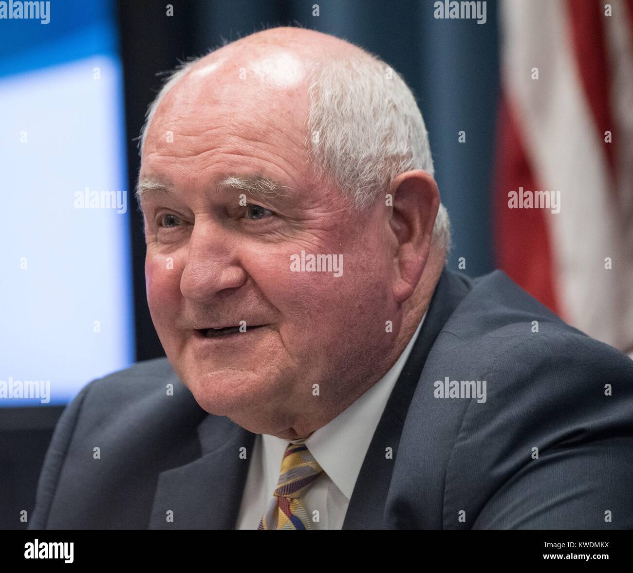 US Secretary of Agriculture Sonny Perdue hosts a regulatory reform session on Oct. 2, 2017. Perdue grew up on a farm, was a veterinarian, a businessman, then politician. He served as Governor of Georgia 2003 – 2011, and is not related to the family associated with the Perdue Chicken Brand (BSLOC 2017 18 135) Stock Photo