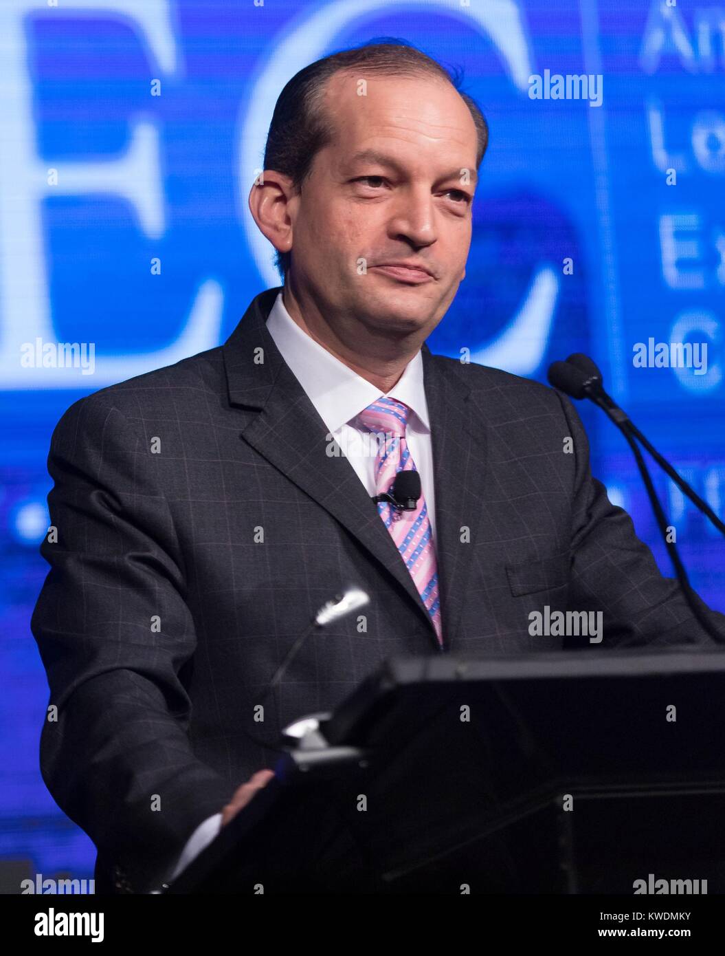 US Sec. of Labor Alexander Acosta speaking at American Legislative Exchange Council meeting. July 21, 2017. His is the son of Cuban immigrants, earned an undergraduate degree in economics from Harvard College in 1990, and graduated cum laude from Harvard Law School 1994 (BSLOC_2017_18_136) Stock Photo