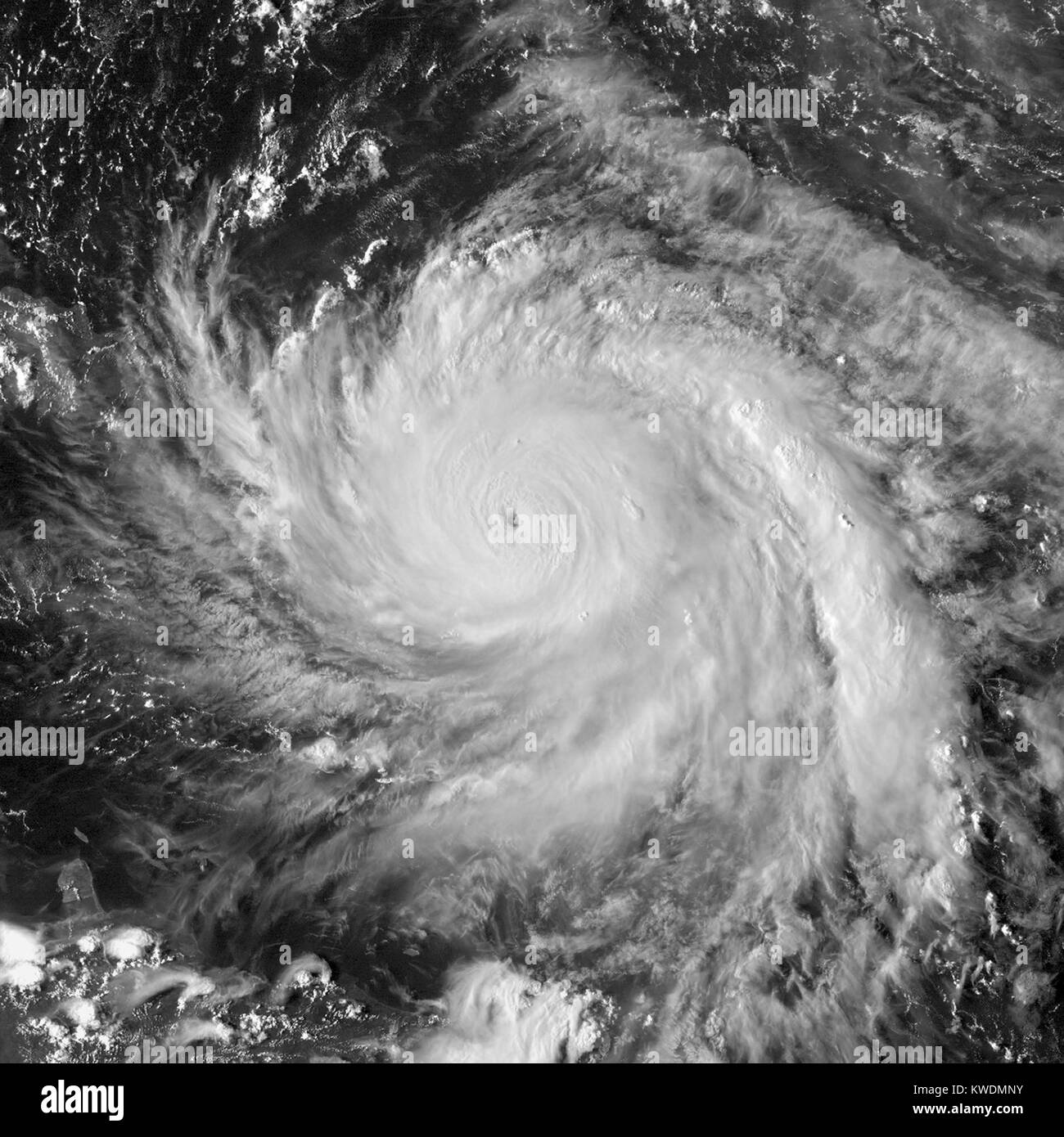 Satellite image of Hurricane Maria near peak intensity northwest of Dominica on Sept. 19, 2017. She caused the worst natural disaster on record in Dominica. On Sept. 20, Maria hit Puerto Rico, causing catastrophic damage and an ongoing humanitarian crisis (BSLOC 2017 18 174) Stock Photo