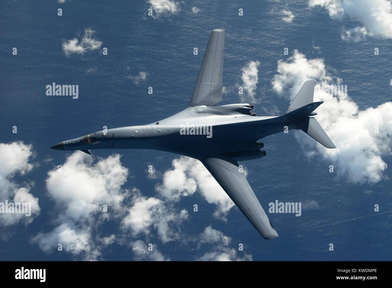 Overhead view of an US Air Force B-1B Lancer, a stealth, supersonic, heavy bomber. It is flying in a 10-hour mission from Andersen Air Force Base, Guam, into Japanese airspace and over the Korean Peninsula, July 30, 2017 (BSLOC 2017 18 185) Stock Photo