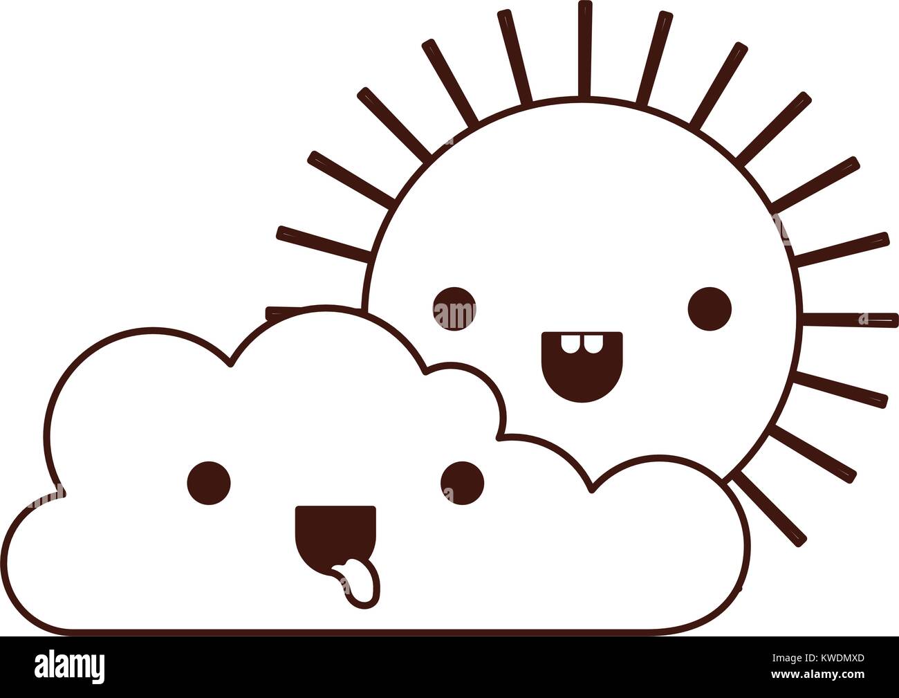 kawaii cloud and sun in monochrome silhouette Stock Vector Image & Art ...