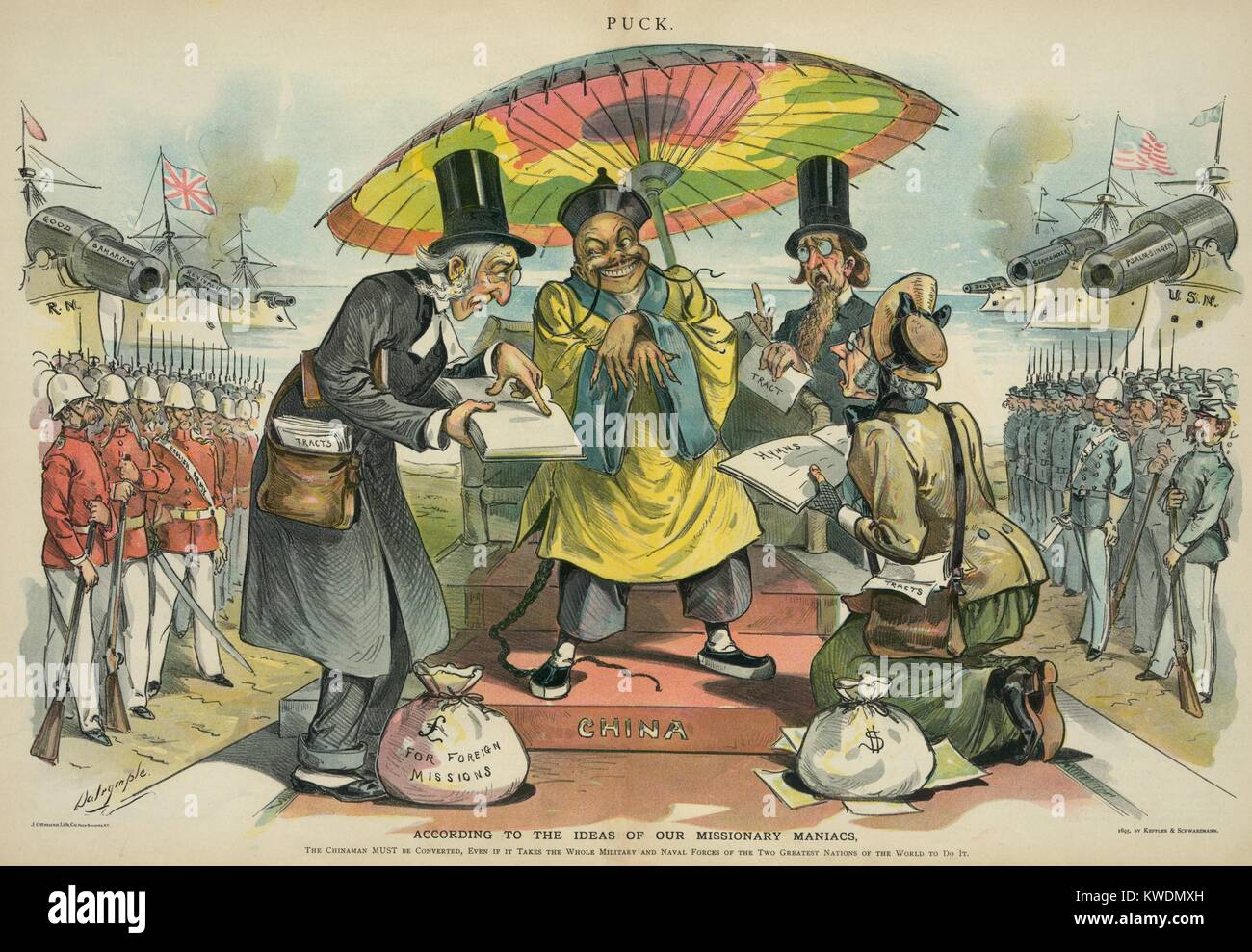 1895 political cartoon shows British and American missionaries preaching to a Chinese man. They are flanked by men and ships of the Royal and US navies. The title reads, According to the ideas of our missionary maniacs, the Chinaman must be converted, even if it takes the whole military and naval forces of the two greatest nations of the world to do it  (BSLOC 2017 20 1) Stock Photo